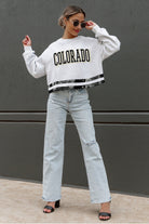 COLORADO BUFFALOES PASS THE SHINE LONG SLEEVE METALLIC SHIMMER-STRIPE TOP WITH RIBBED NECKLINE AND CUFFS