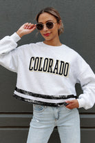 COLORADO BUFFALOES PASS THE SHINE LONG SLEEVE METALLIC SHIMMER-STRIPE TOP WITH RIBBED NECKLINE AND CUFFS