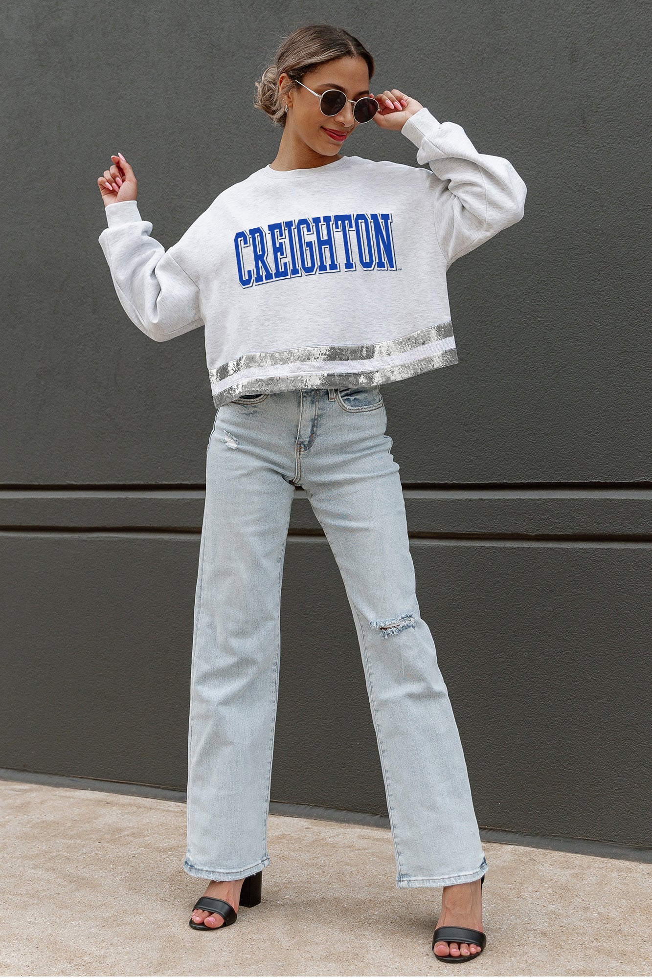 CREIGHTON BLUEJAYS PASS THE SHINE LONG SLEEVE METALLIC SHIMMER-STRIPE TOP WITH RIBBED NECKLINE AND CUFFS