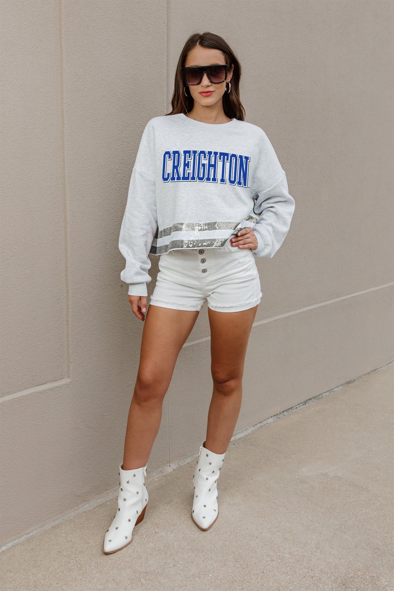 CREIGHTON BLUEJAYS PASS THE SHINE LONG SLEEVE METALLIC SHIMMER-STRIPE TOP WITH RIBBED NECKLINE AND CUFFS