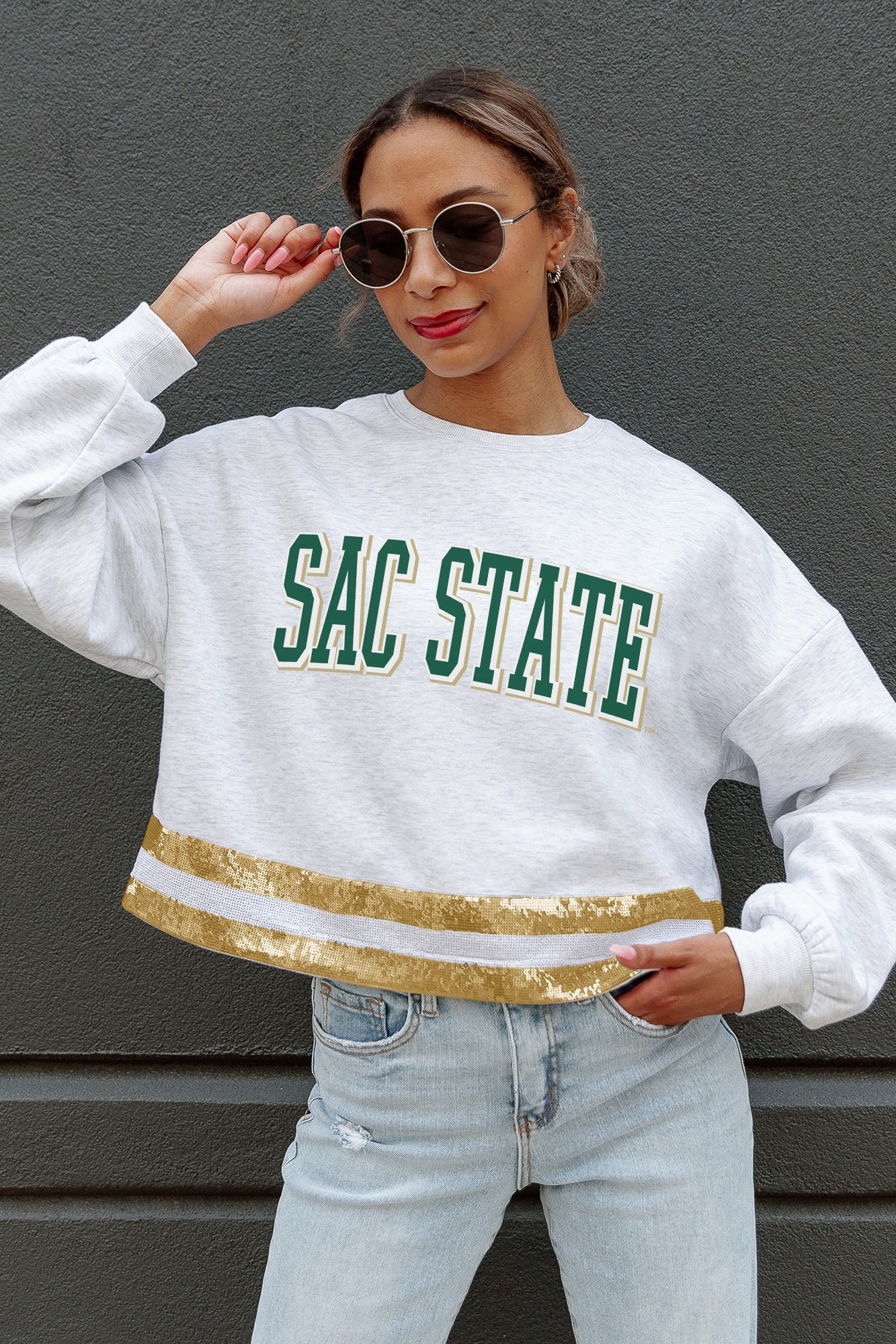 SACRAMENTO STATE HORNETS PASS THE SHINE LONG SLEEVE METALLIC SHIMMER-STRIPE TOP WITH RIBBED NECKLINE AND CUFFS