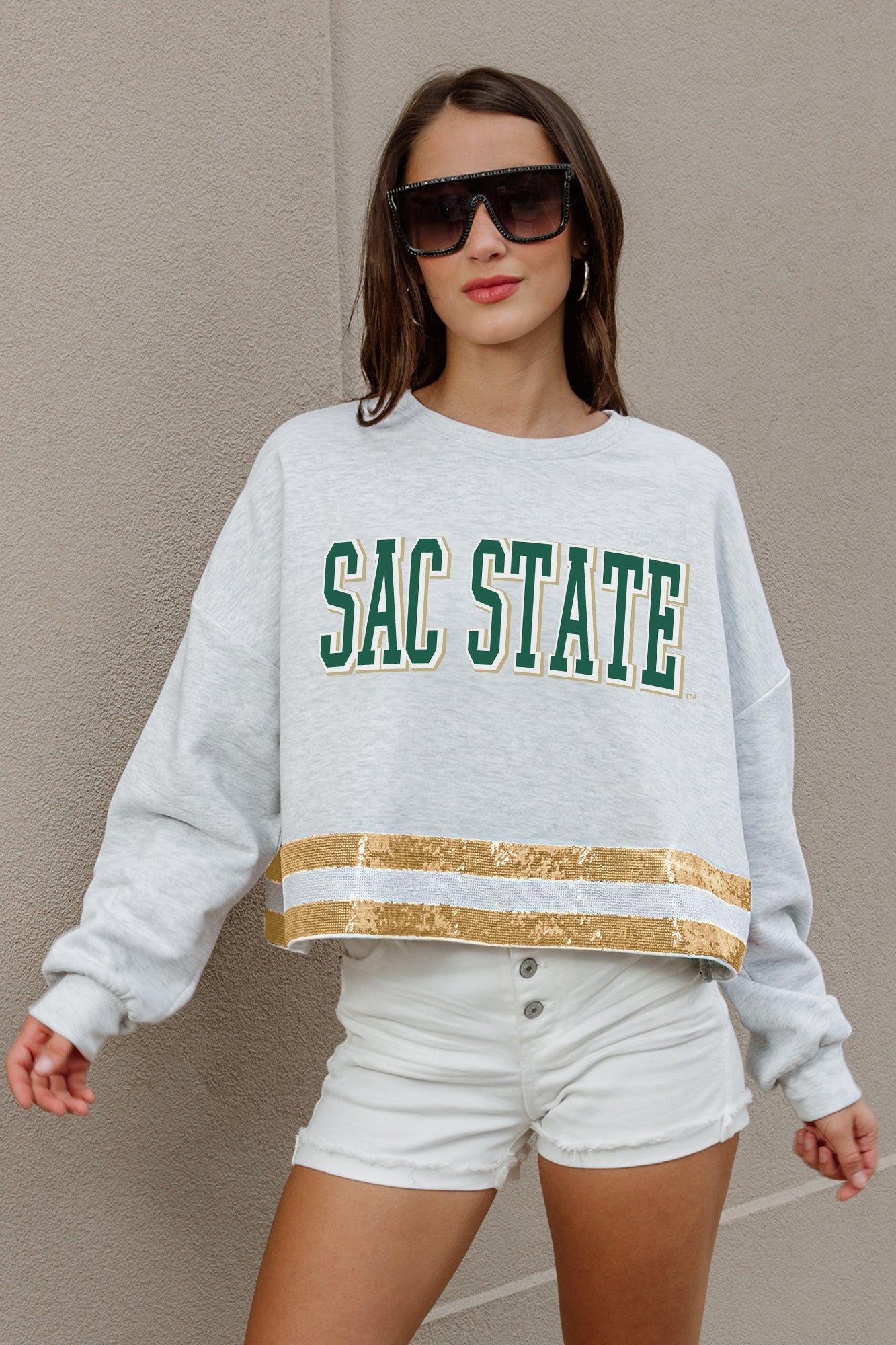 SACRAMENTO STATE HORNETS PASS THE SHINE LONG SLEEVE METALLIC SHIMMER-STRIPE TOP WITH RIBBED NECKLINE AND CUFFS