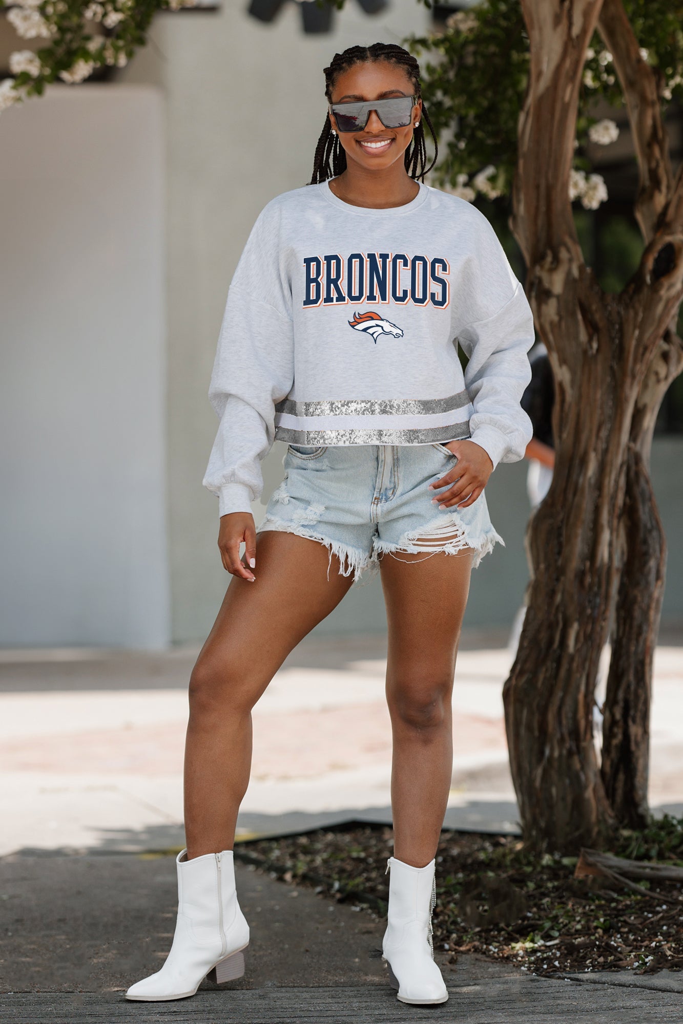 DENVER BRONCOS PASS THE SHINE LONG SLEEVE METALLIC SHIMMER-STRIPE TOP