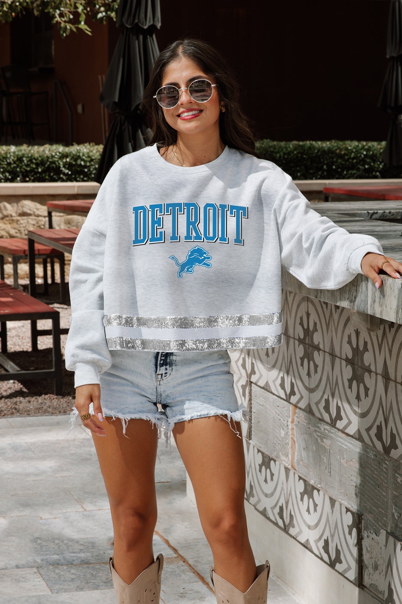 DETROIT LIONS PASS THE SHINE LONG SLEEVE METALLIC SHIMMER-STRIPE TOP