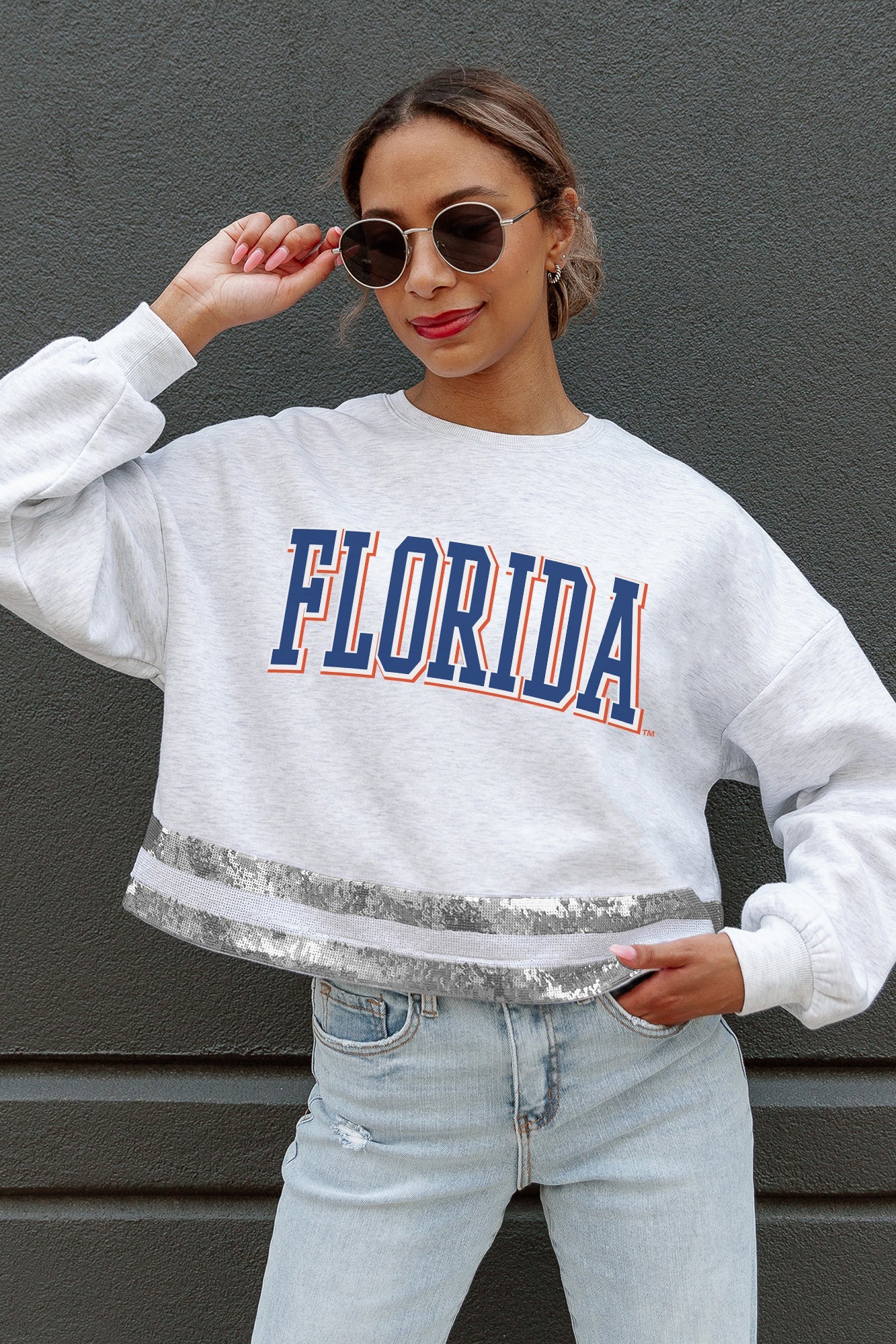 FLORIDA GATORS PASS THE SHINE LONG SLEEVE METALLIC SHIMMER-STRIPE TOP WITH RIBBED NECKLINE AND CUFFS