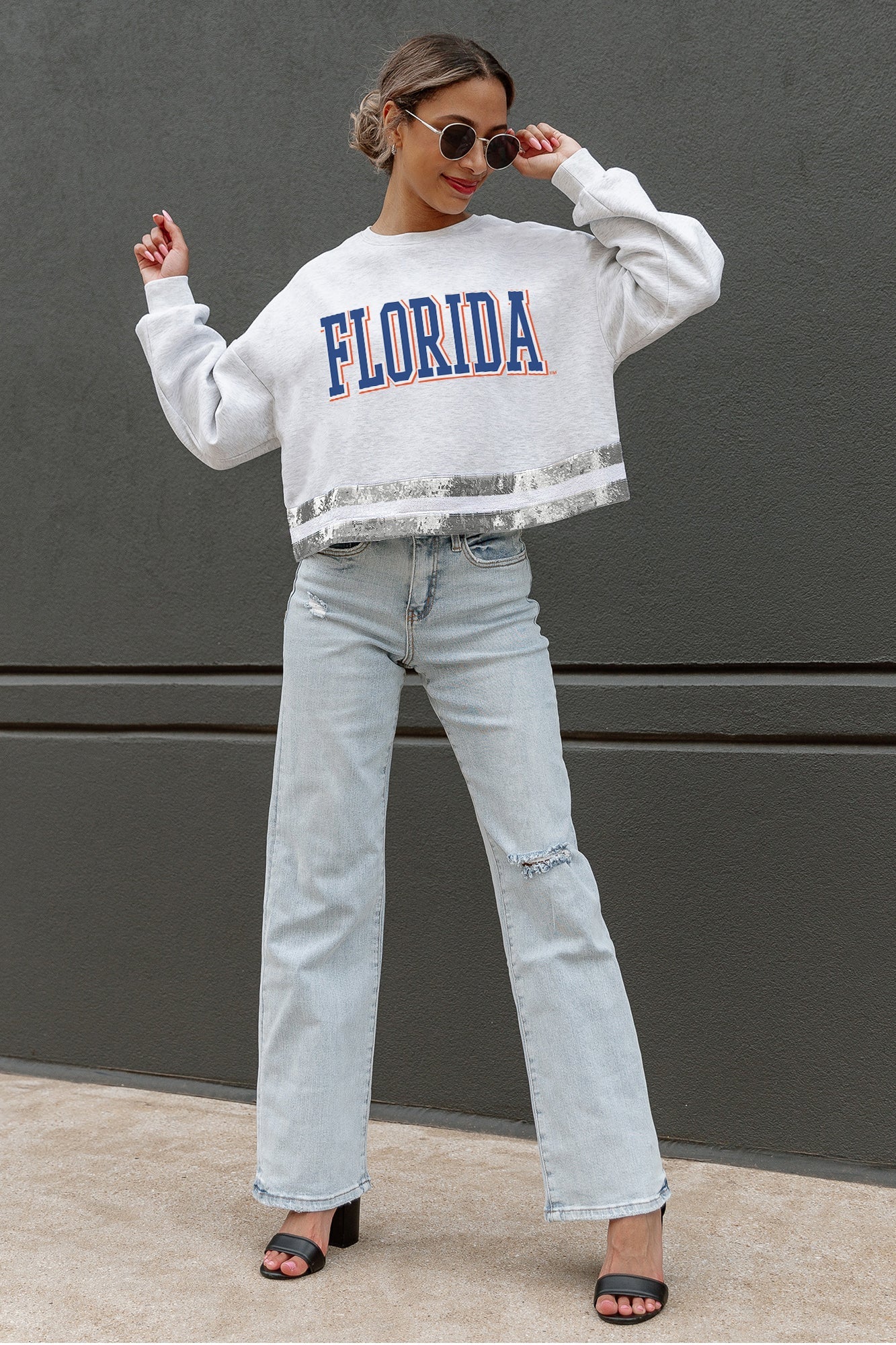 FLORIDA GATORS PASS THE SHINE LONG SLEEVE METALLIC SHIMMER-STRIPE TOP WITH RIBBED NECKLINE AND CUFFS