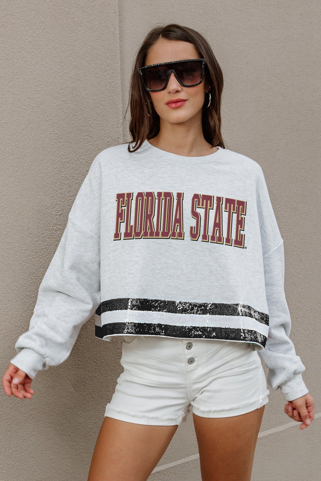 FLORIDA STATE SEMINOLES PASS THE SHINE LONG SLEEVE METALLIC SHIMMER-STRIPE TOP WITH RIBBED NECKLINE AND CUFFS