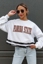 FLORIDA STATE SEMINOLES PASS THE SHINE LONG SLEEVE METALLIC SHIMMER-STRIPE TOP WITH RIBBED NECKLINE AND CUFFS