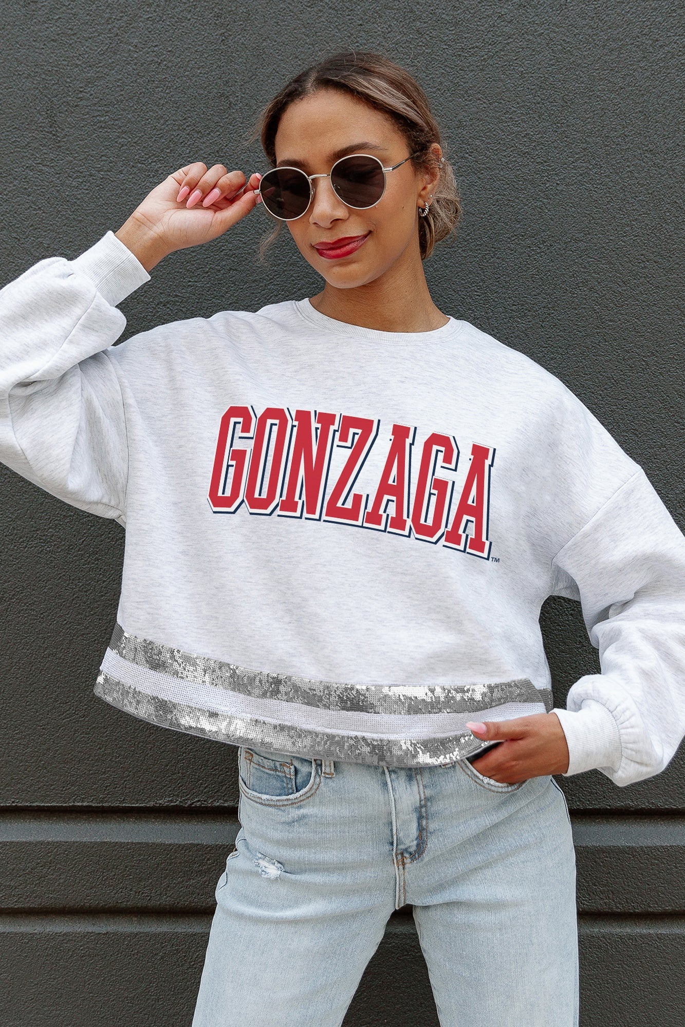 GONZAGA BULLDOGS PASS THE SHINE LONG SLEEVE METALLIC SHIMMER-STRIPE TOP WITH RIBBED NECKLINE AND CUFFS