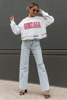 GONZAGA BULLDOGS PASS THE SHINE LONG SLEEVE METALLIC SHIMMER-STRIPE TOP WITH RIBBED NECKLINE AND CUFFS