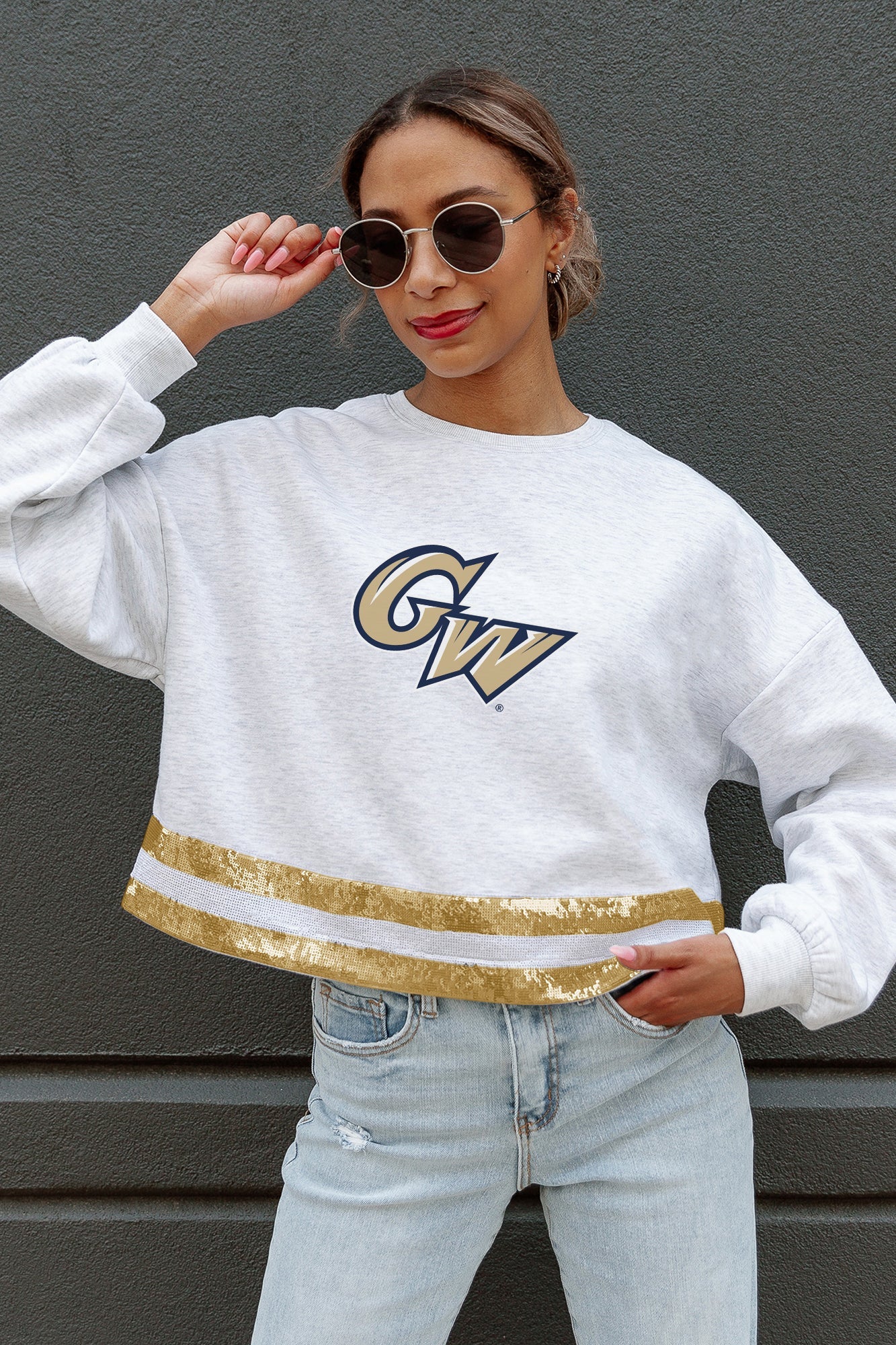 GEORGE WASHINGTON REVOLUTIONARIES PASS THE SHINE LONG SLEEVE METALLIC SHIMMER-STRIPE TOP WITH RIBBED NECKLINE AND CUFFS