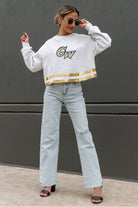 GEORGE WASHINGTON REVOLUTIONARIES PASS THE SHINE LONG SLEEVE METALLIC SHIMMER-STRIPE TOP WITH RIBBED NECKLINE AND CUFFS