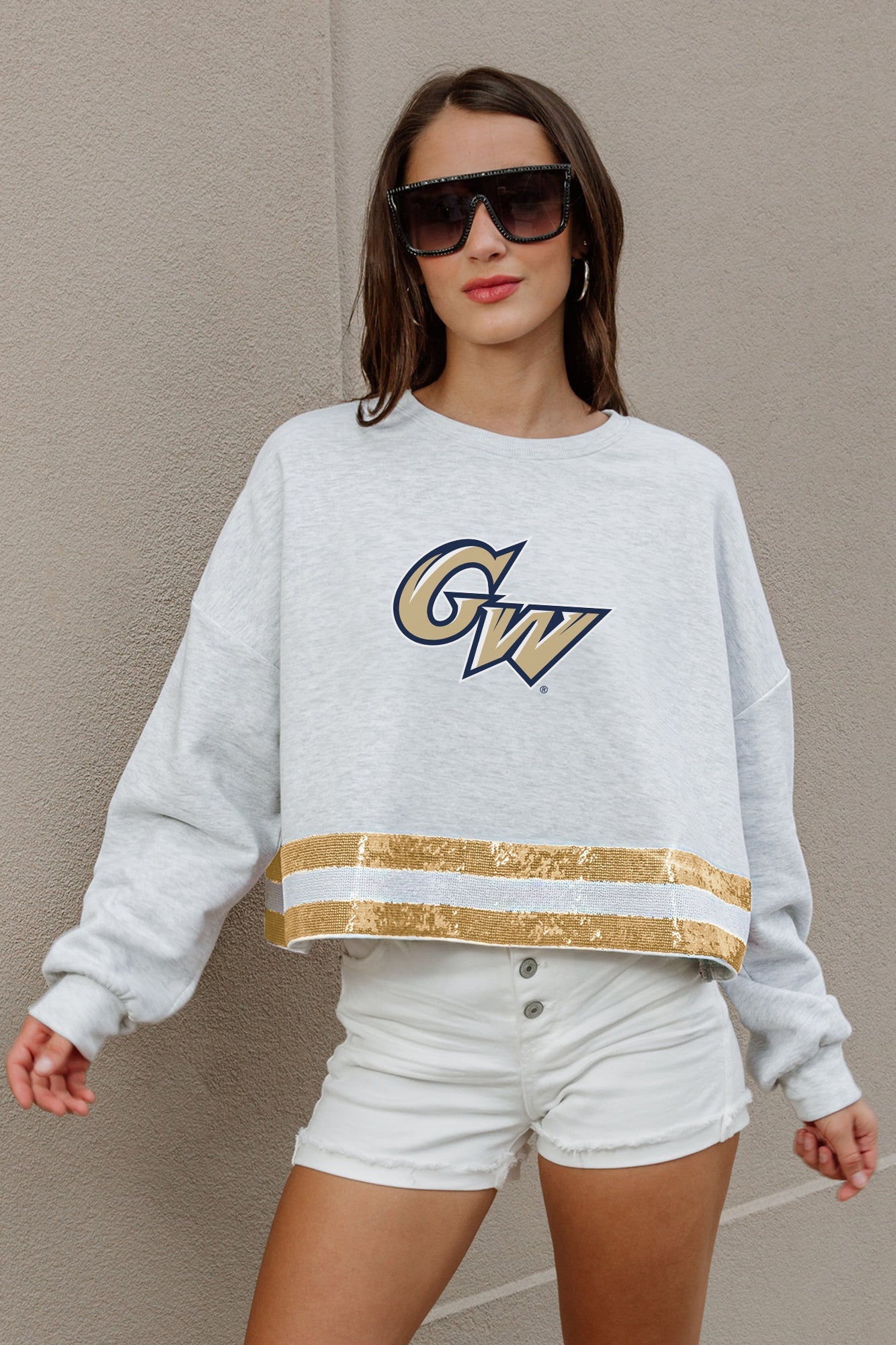 GEORGE WASHINGTON REVOLUTIONARIES PASS THE SHINE LONG SLEEVE METALLIC SHIMMER-STRIPE TOP WITH RIBBED NECKLINE AND CUFFS