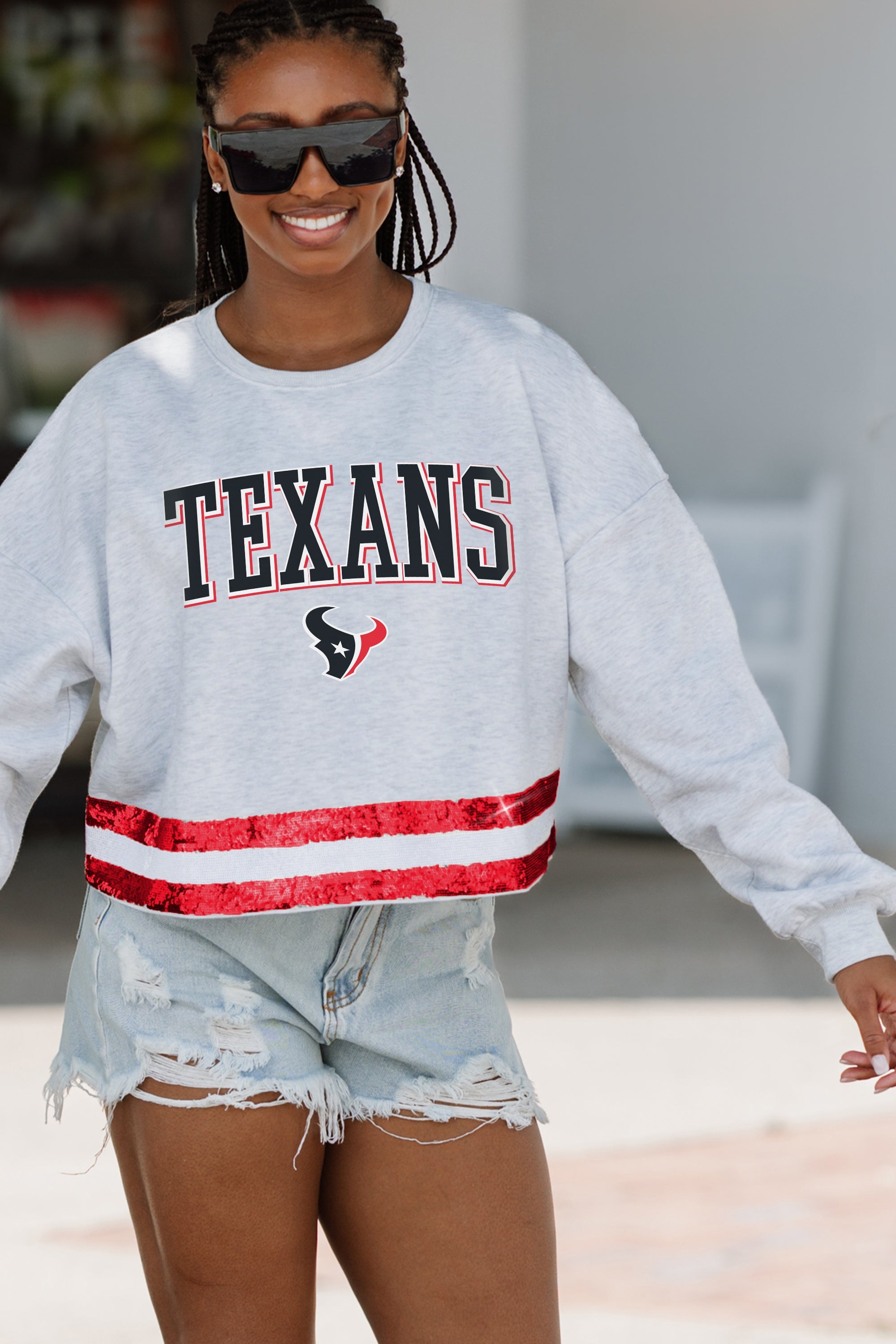 HOUSTON TEXANS PASS THE SHINE LONG SLEEVE METALLIC SHIMMER-STRIPE TOP