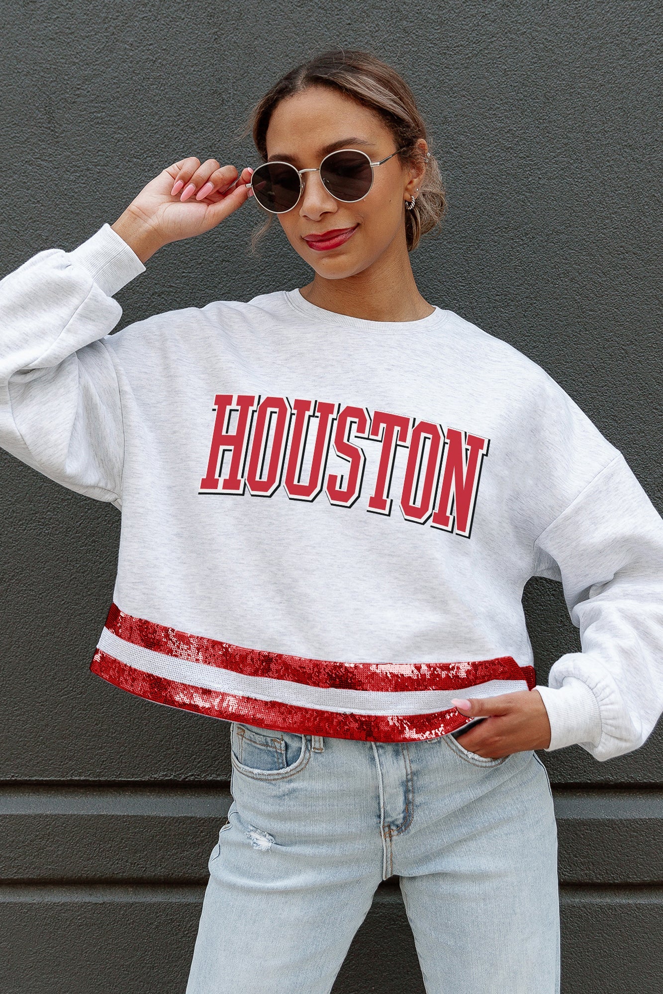 HOUSTON COUGARS PASS THE SHINE LONG SLEEVE METALLIC SHIMMER-STRIPE TOP WITH RIBBED NECKLINE AND CUFFS