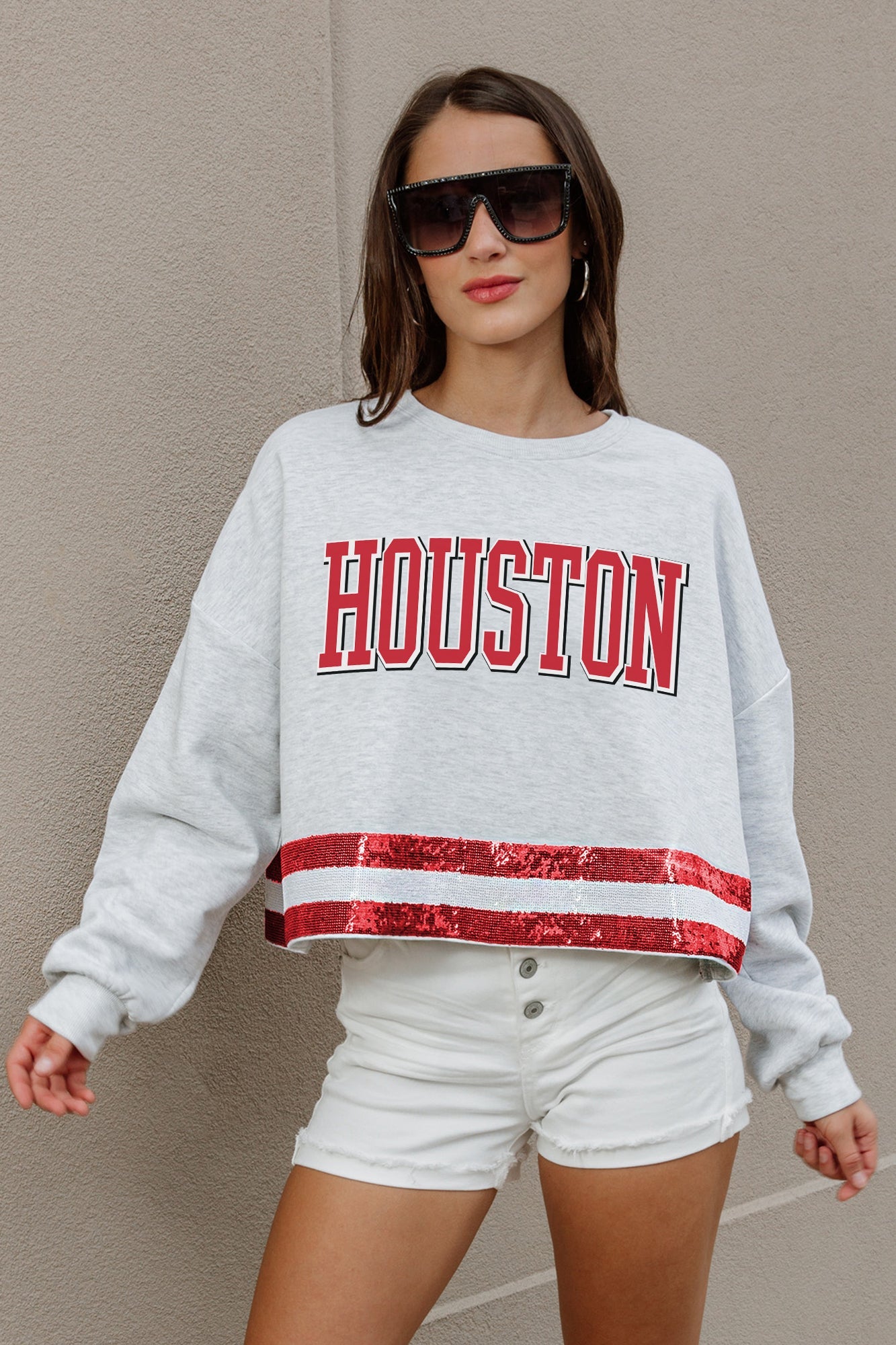 HOUSTON COUGARS PASS THE SHINE LONG SLEEVE METALLIC SHIMMER-STRIPE TOP WITH RIBBED NECKLINE AND CUFFS