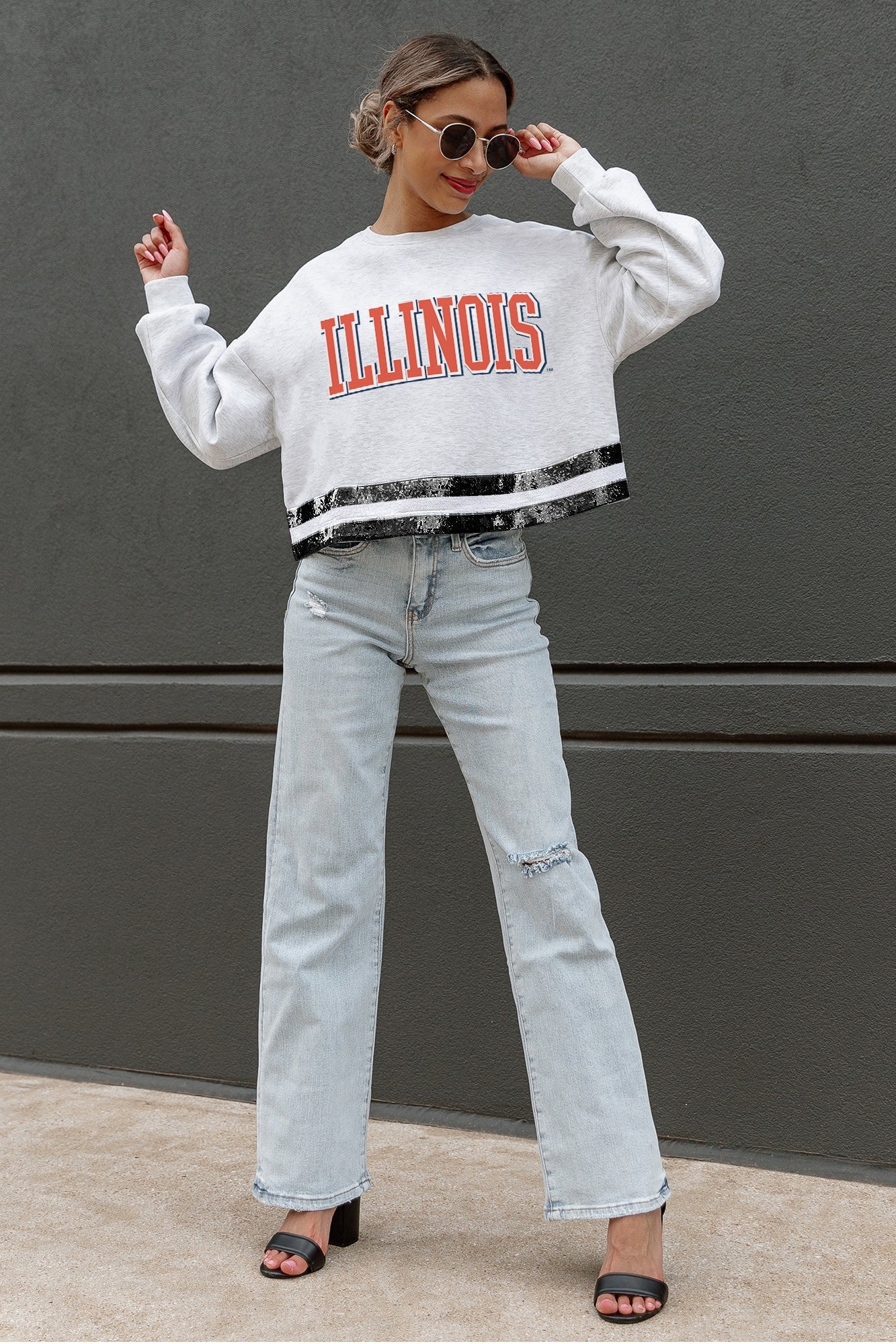 ILLINOIS FIGHTING ILLINI PASS THE SHINE LONG SLEEVE METALLIC SHIMMER-STRIPE TOP WITH RIBBED NECKLINE AND CUFFS