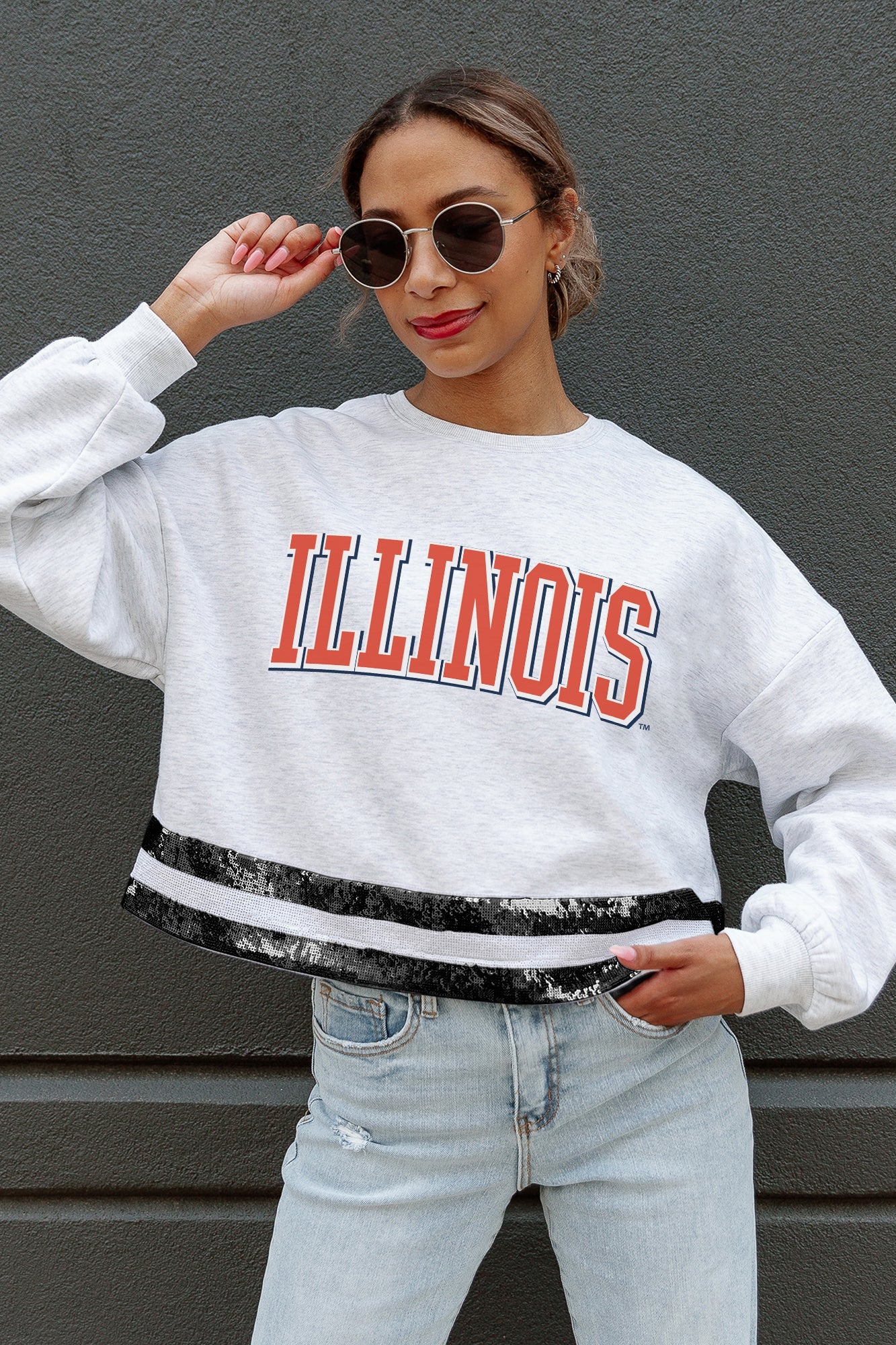 ILLINOIS FIGHTING ILLINI PASS THE SHINE LONG SLEEVE METALLIC SHIMMER-STRIPE TOP WITH RIBBED NECKLINE AND CUFFS