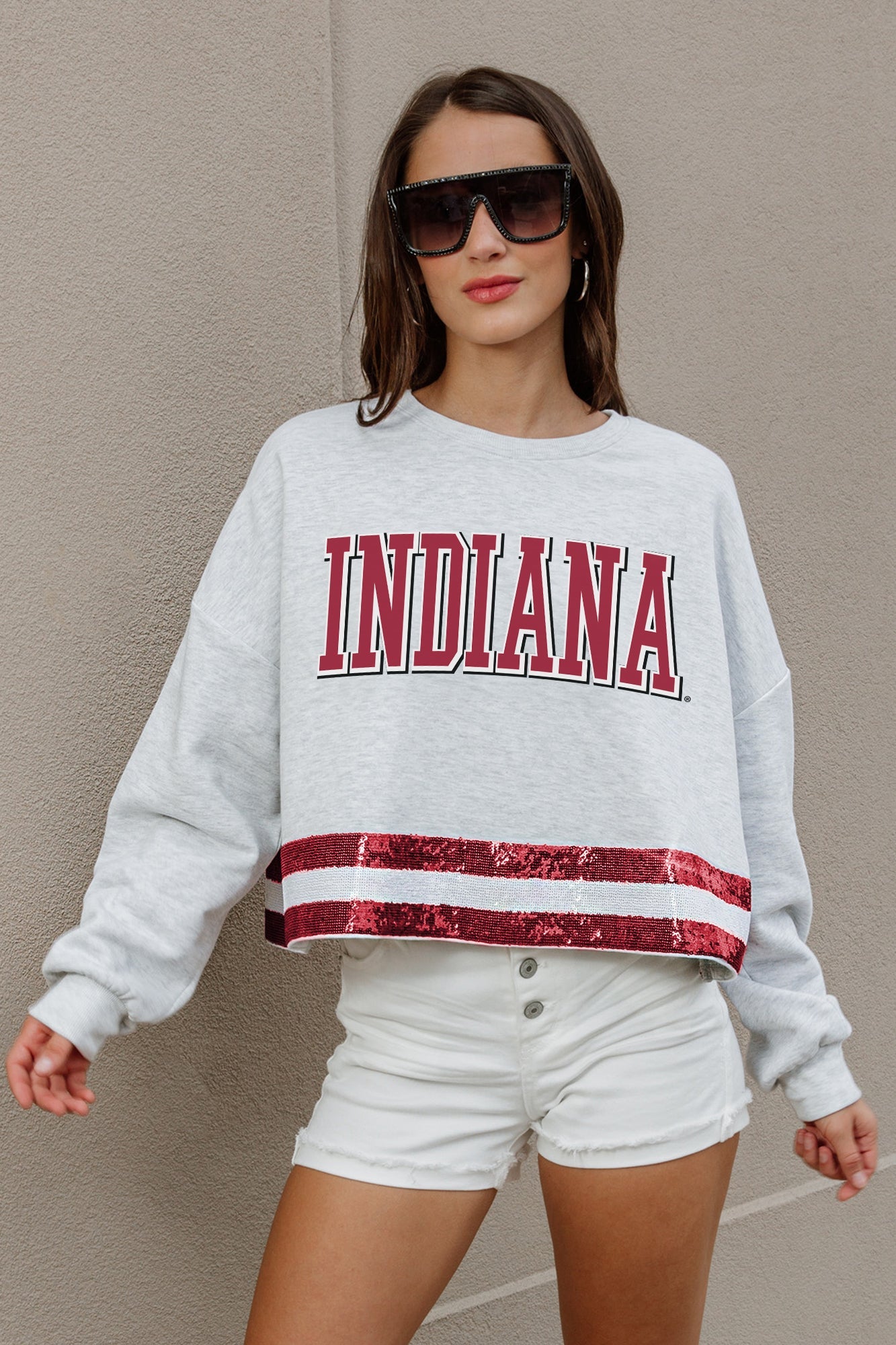 INDIANA HOOSIERS PASS THE SHINE LONG SLEEVE METALLIC SHIMMER-STRIPE TOP WITH RIBBED NECKLINE AND CUFFS