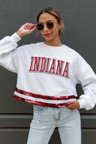 INDIANA HOOSIERS PASS THE SHINE LONG SLEEVE METALLIC SHIMMER-STRIPE TOP WITH RIBBED NECKLINE AND CUFFS