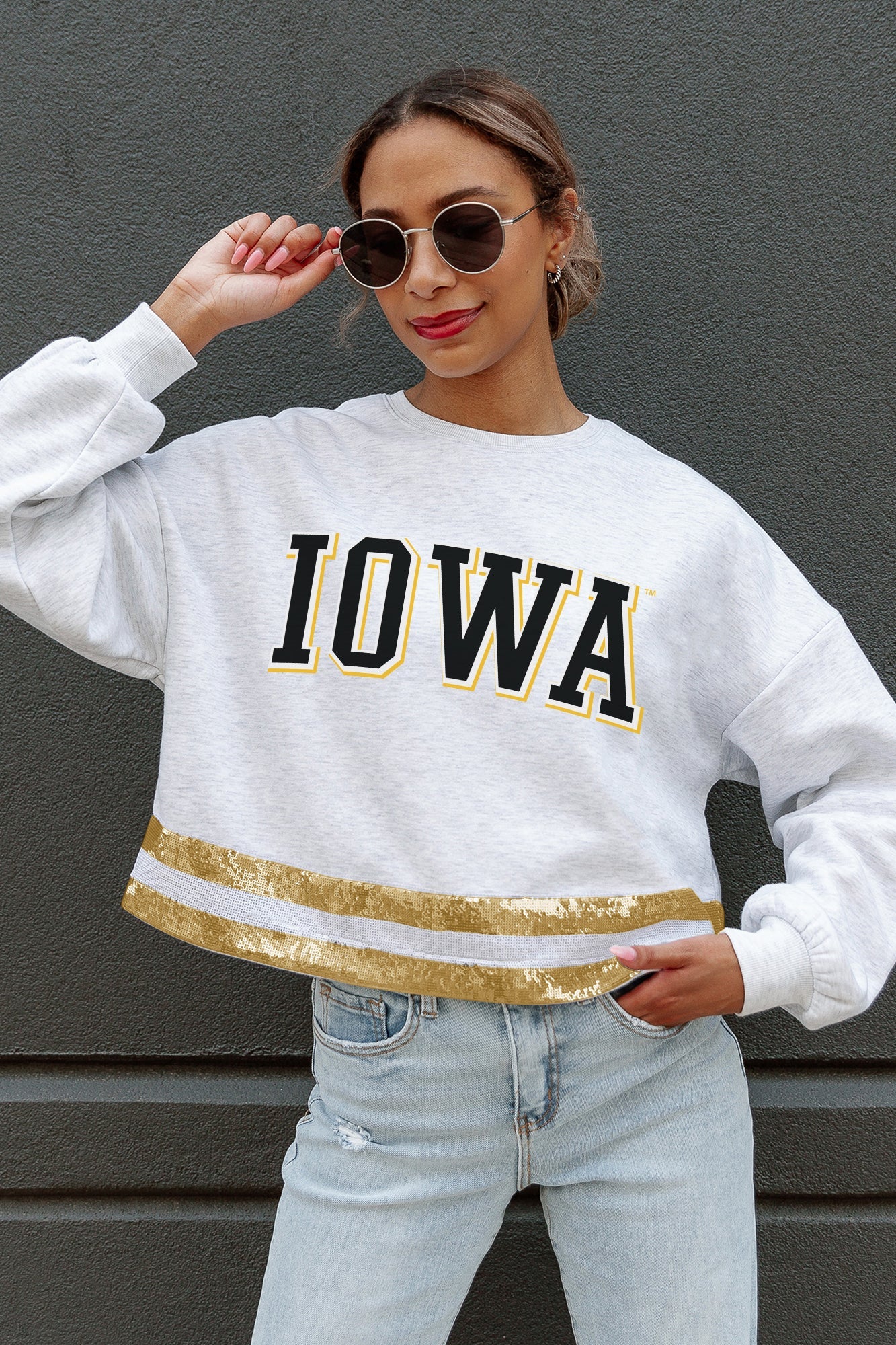 IOWA HAWKEYES PASS THE SHINE LONG SLEEVE METALLIC SHIMMER-STRIPE TOP WITH RIBBED NECKLINE AND CUFFS