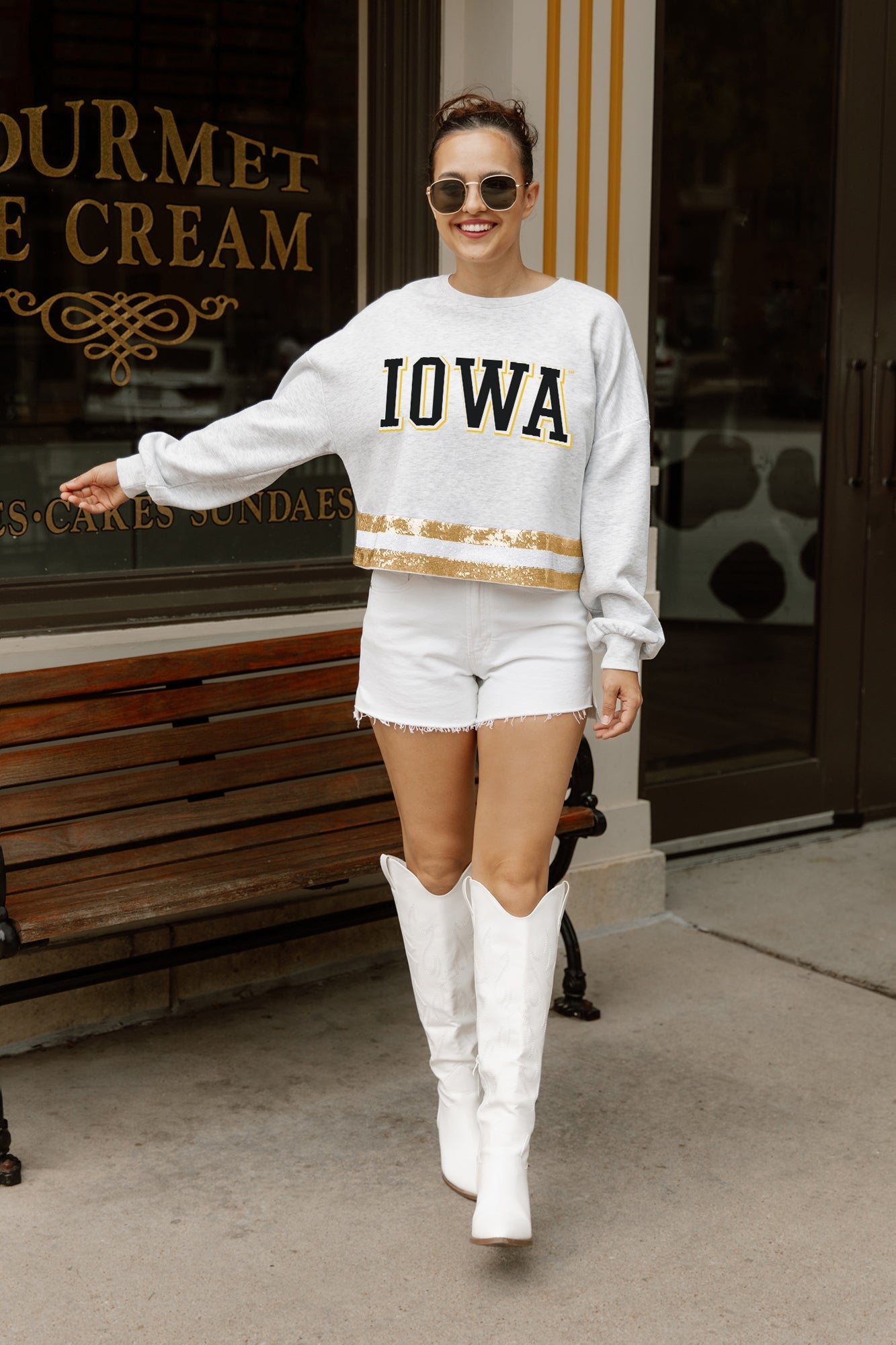 IOWA HAWKEYES PASS THE SHINE LONG SLEEVE METALLIC SHIMMER-STRIPE TOP WITH RIBBED NECKLINE AND CUFFS