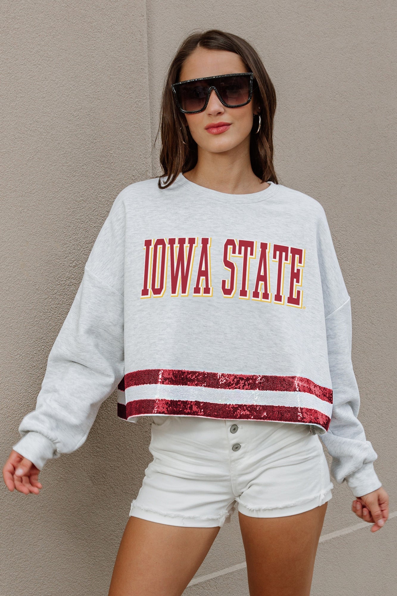 IOWA STATE CYCLONES PASS THE SHINE LONG SLEEVE METALLIC SHIMMER-STRIPE TOP WITH RIBBED NECKLINE AND CUFFS