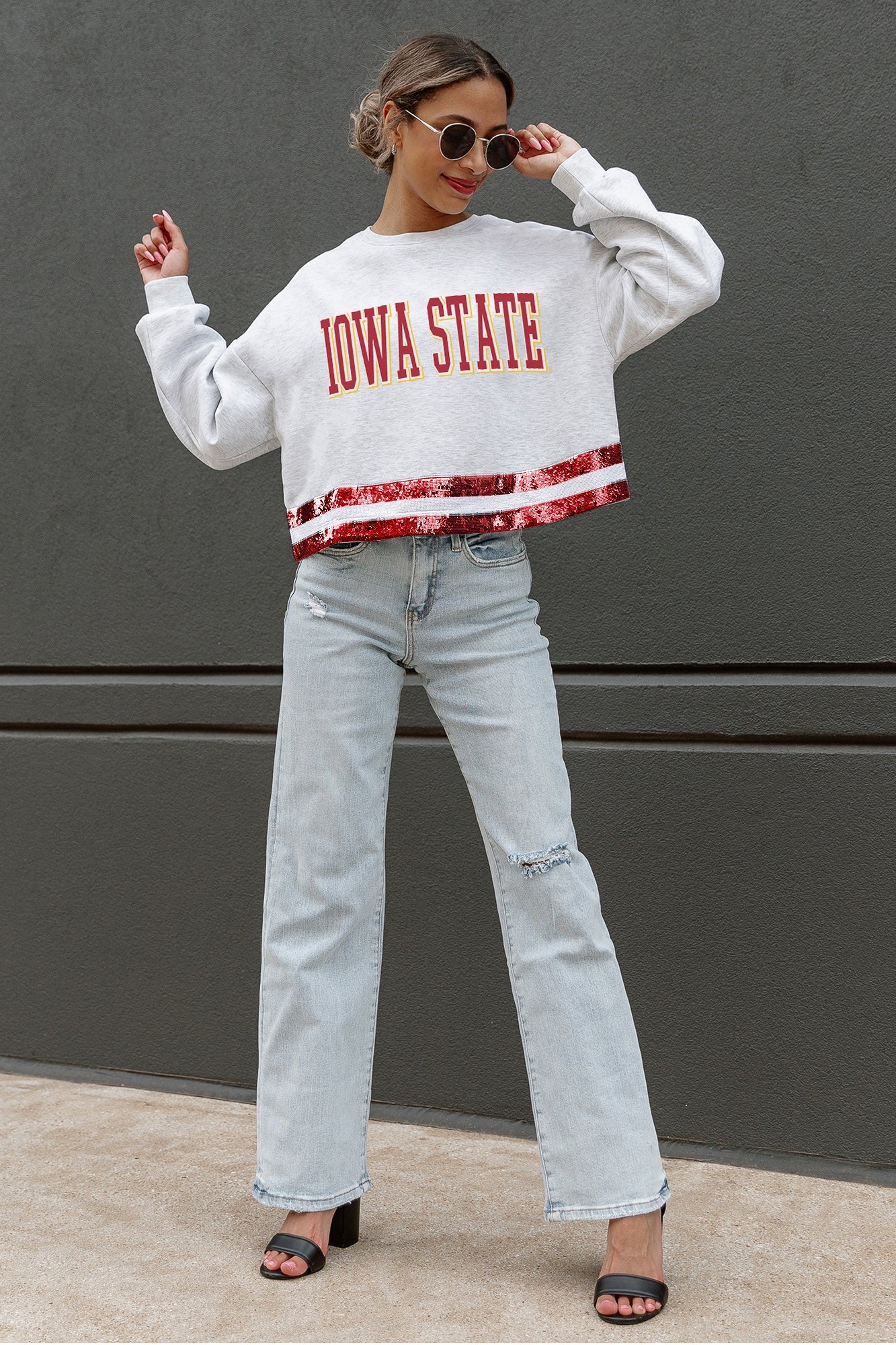 IOWA STATE CYCLONES PASS THE SHINE LONG SLEEVE METALLIC SHIMMER-STRIPE TOP WITH RIBBED NECKLINE AND CUFFS