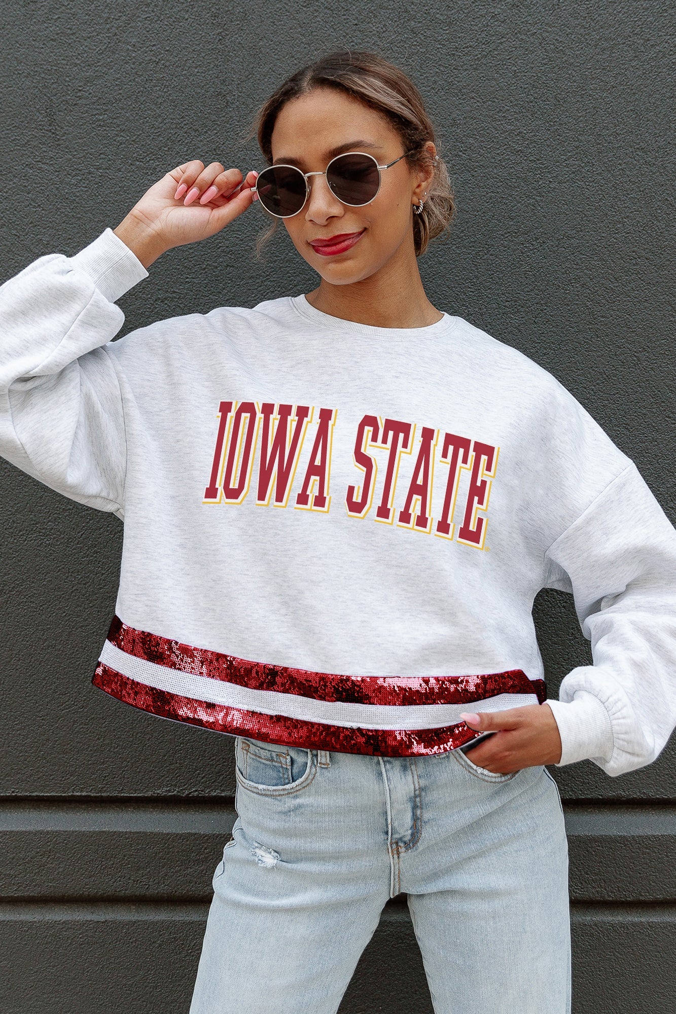 IOWA STATE CYCLONES PASS THE SHINE LONG SLEEVE METALLIC SHIMMER-STRIPE TOP WITH RIBBED NECKLINE AND CUFFS