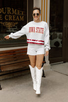 IOWA STATE CYCLONES PASS THE SHINE LONG SLEEVE METALLIC SHIMMER-STRIPE TOP WITH RIBBED NECKLINE AND CUFFS