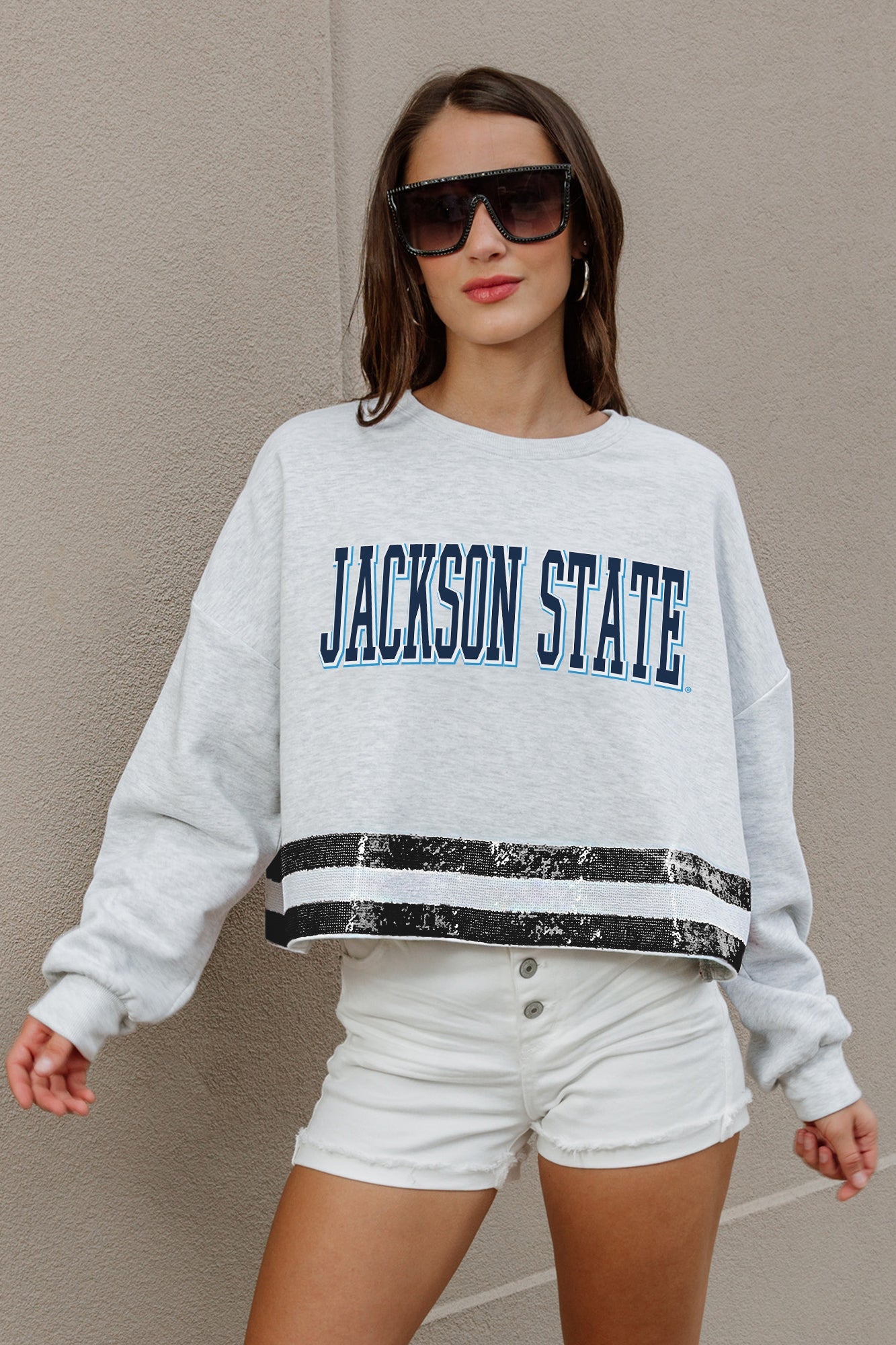 JACKSON STATE TIGERS PASS THE SHINE LONG SLEEVE METALLIC SHIMMER-STRIPE TOP WITH RIBBED NECKLINE AND CUFFS