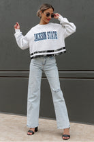 JACKSON STATE TIGERS PASS THE SHINE LONG SLEEVE METALLIC SHIMMER-STRIPE TOP WITH RIBBED NECKLINE AND CUFFS