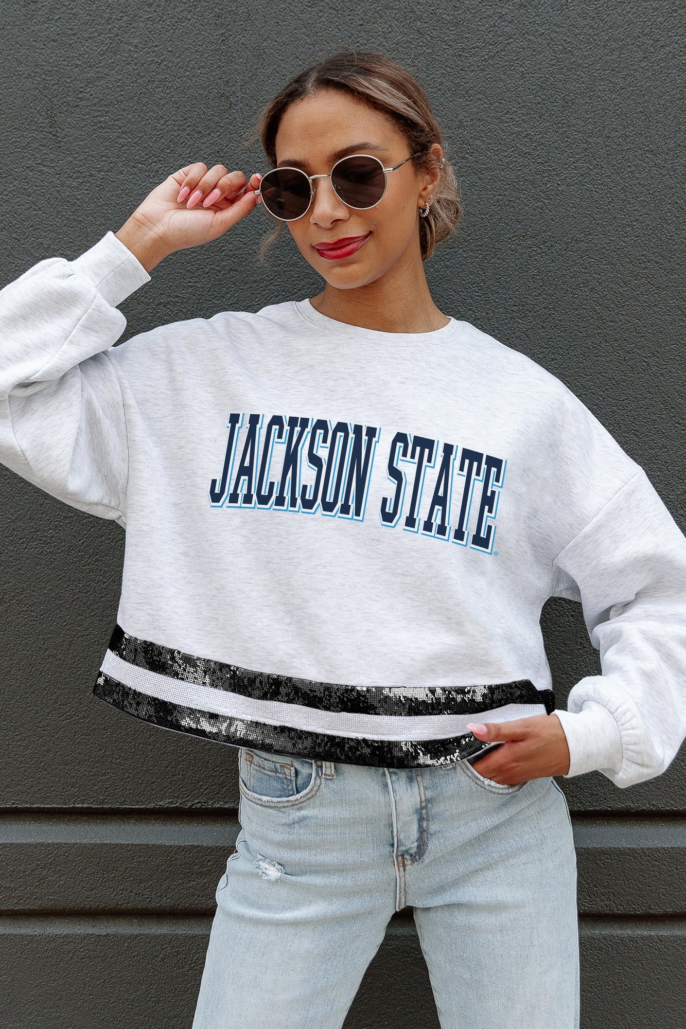 JACKSON STATE TIGERS PASS THE SHINE LONG SLEEVE METALLIC SHIMMER-STRIPE TOP WITH RIBBED NECKLINE AND CUFFS