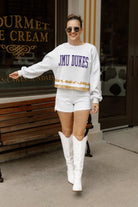 JAMES MADISON DUKES PASS THE SHINE LONG SLEEVE METALLIC SHIMMER-STRIPE TOP WITH RIBBED NECKLINE AND CUFFS