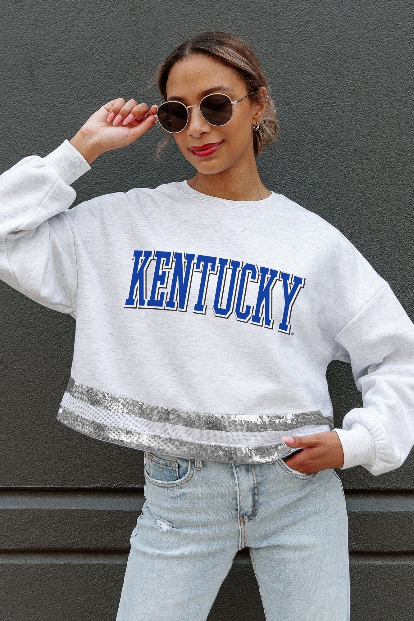 KENTUCKY WILDCATS PASS THE SHINE LONG SLEEVE METALLIC SHIMMER-STRIPE TOP WITH RIBBED NECKLINE AND CUFFS