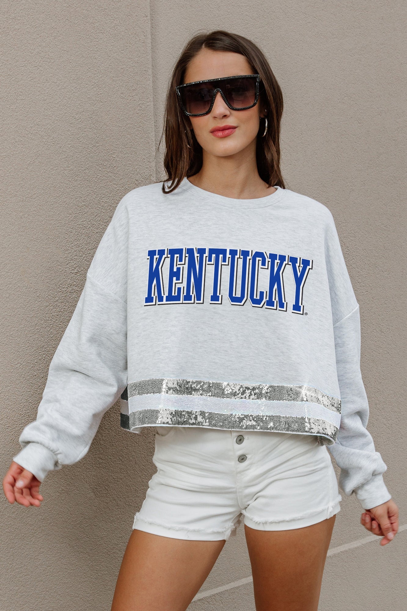 KENTUCKY WILDCATS PASS THE SHINE LONG SLEEVE METALLIC SHIMMER-STRIPE TOP WITH RIBBED NECKLINE AND CUFFS