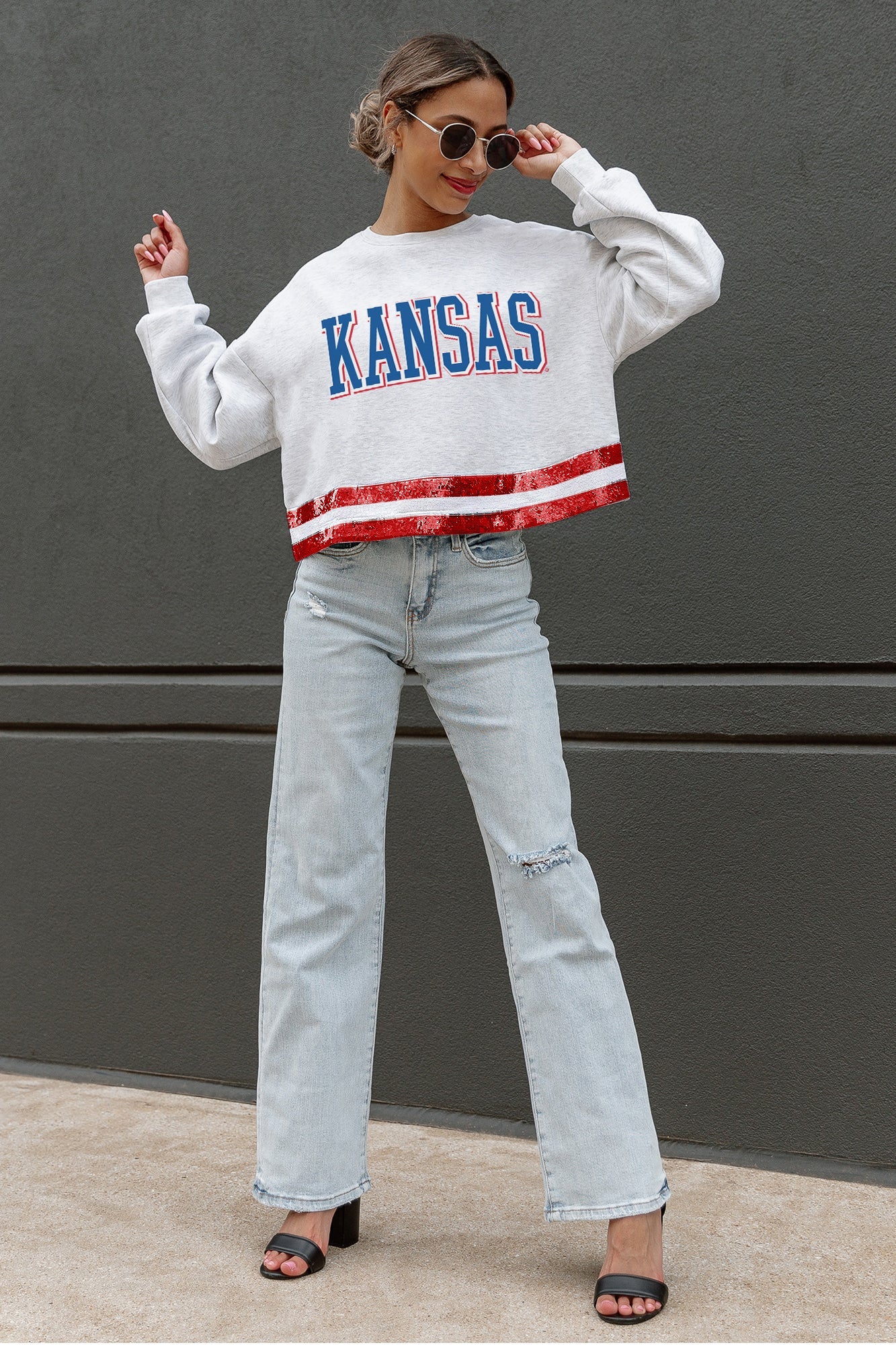 KANSAS JAYHAWKS PASS THE SHINE LONG SLEEVE METALLIC SHIMMER-STRIPE TOP WITH RIBBED NECKLINE AND CUFFS