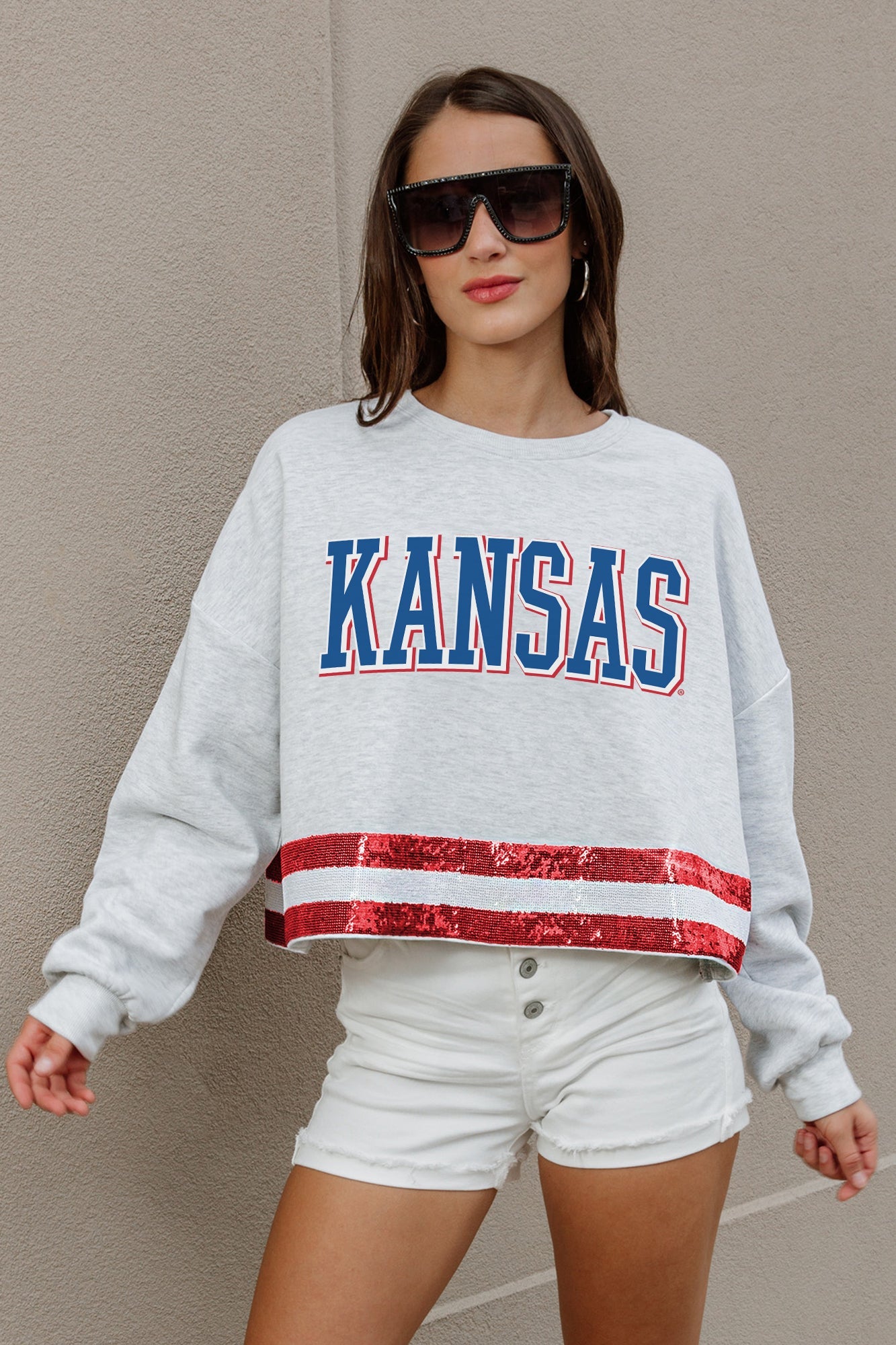 KANSAS JAYHAWKS PASS THE SHINE LONG SLEEVE METALLIC SHIMMER-STRIPE TOP WITH RIBBED NECKLINE AND CUFFS