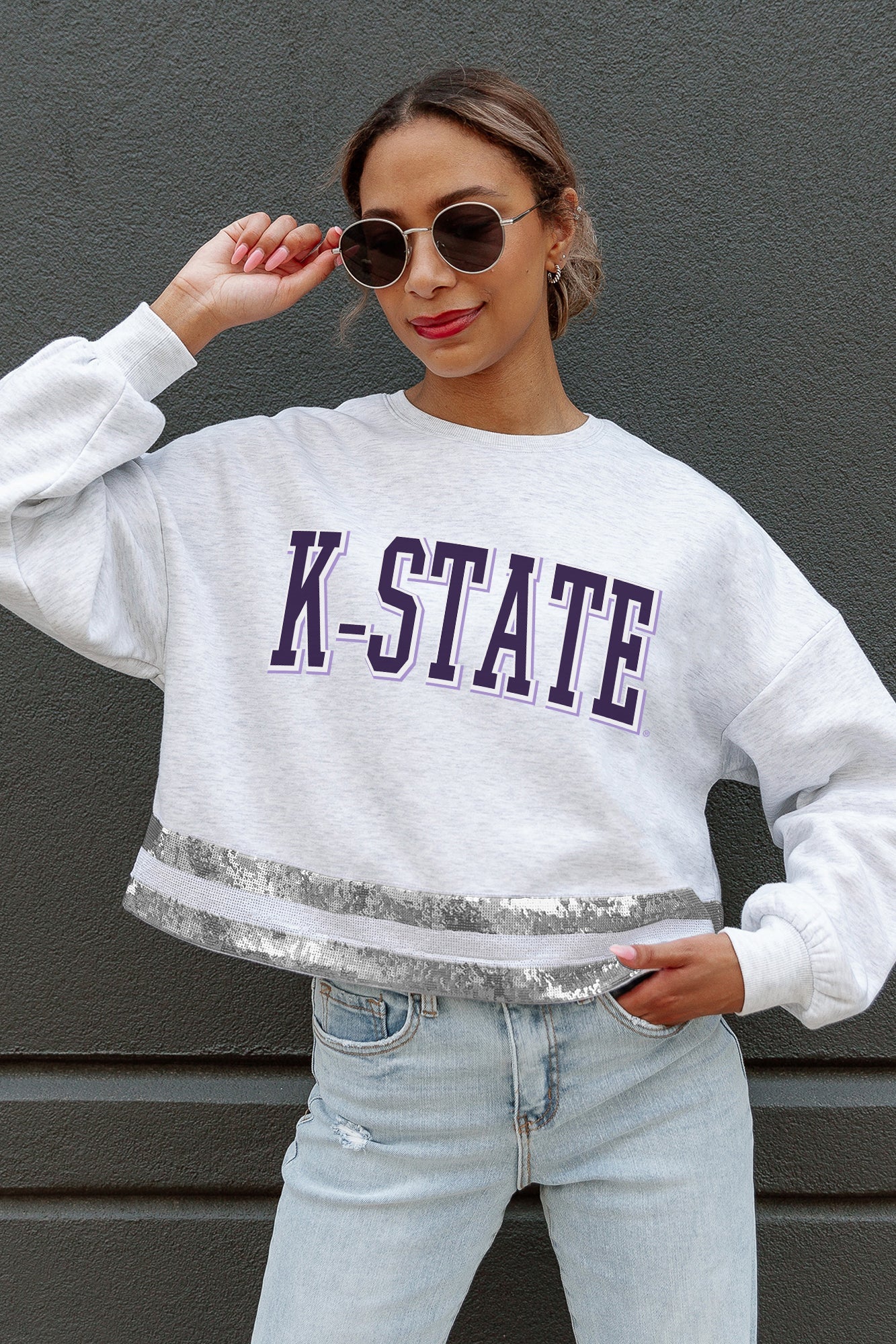 KANSAS STATE WILDCATS PASS THE SHINE LONG SLEEVE METALLIC SHIMMER-STRIPE TOP WITH RIBBED NECKLINE AND CUFFS