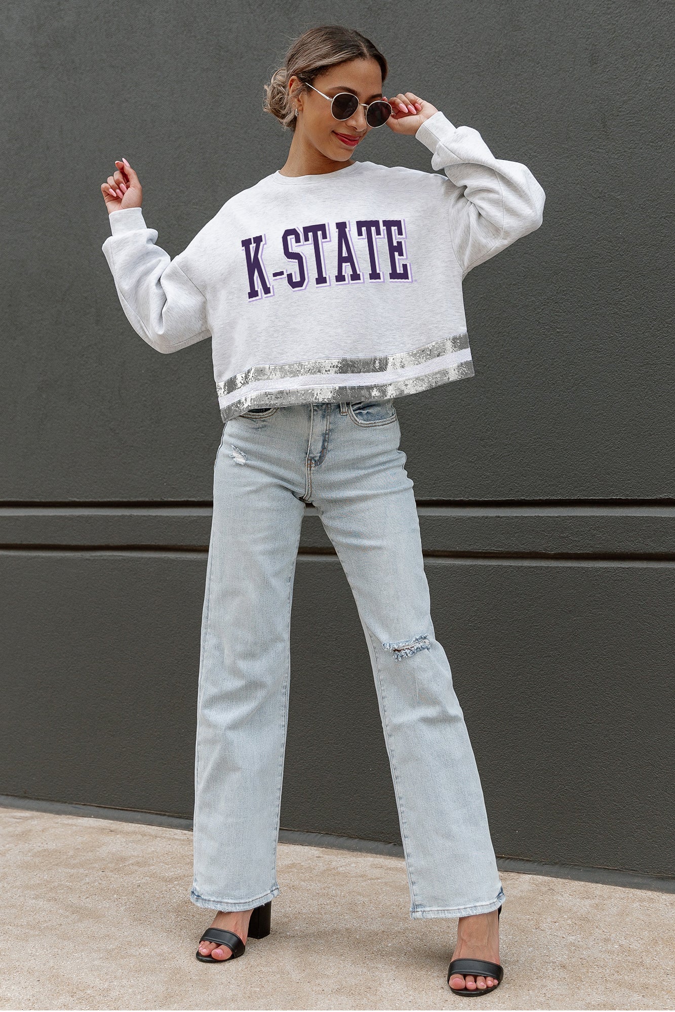 KANSAS STATE WILDCATS PASS THE SHINE LONG SLEEVE METALLIC SHIMMER-STRIPE TOP WITH RIBBED NECKLINE AND CUFFS