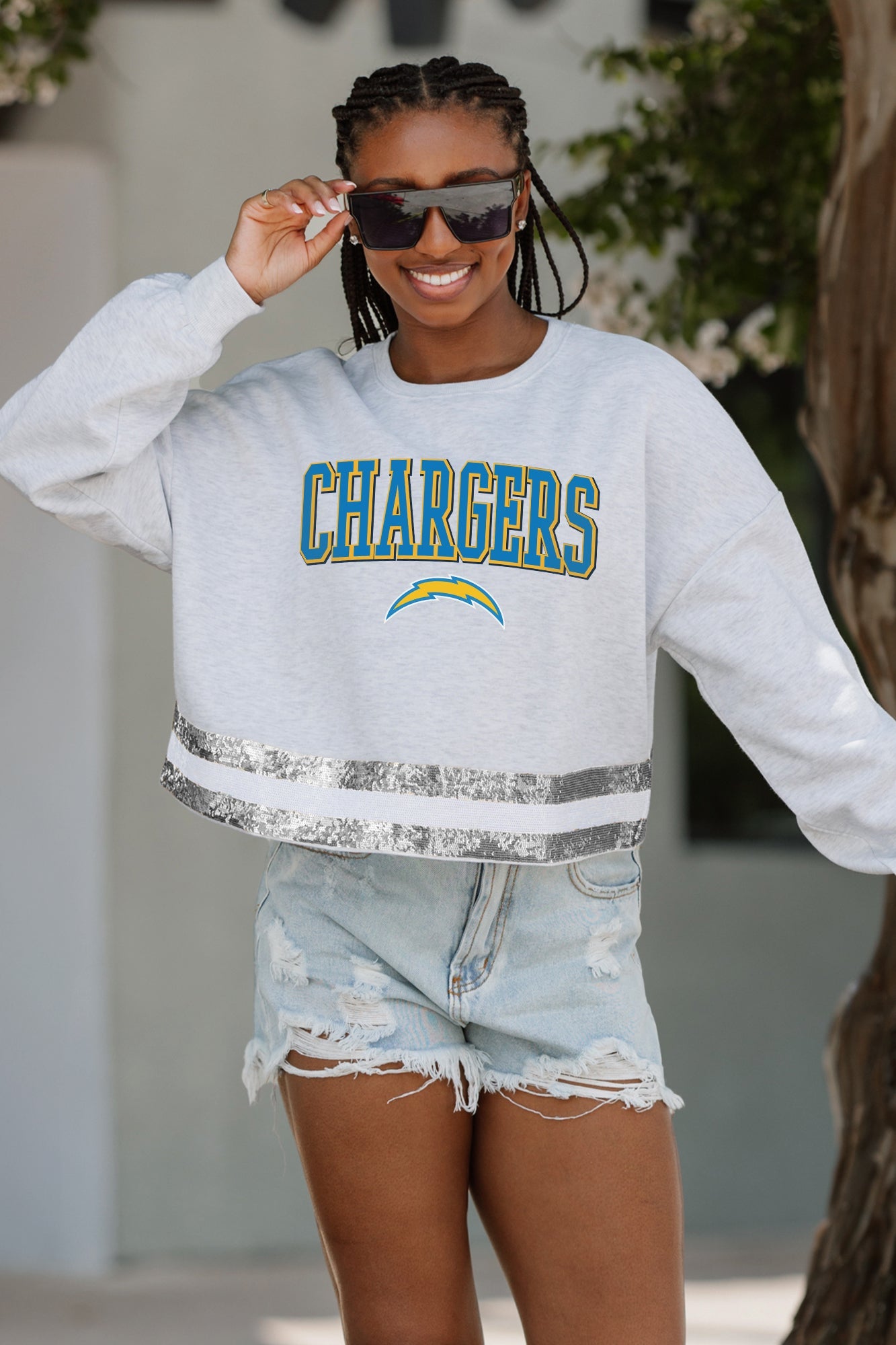 LOS ANGELES CHARGERS PASS THE SHINE LONG SLEEVE METALLIC SHIMMER-STRIPE TOP