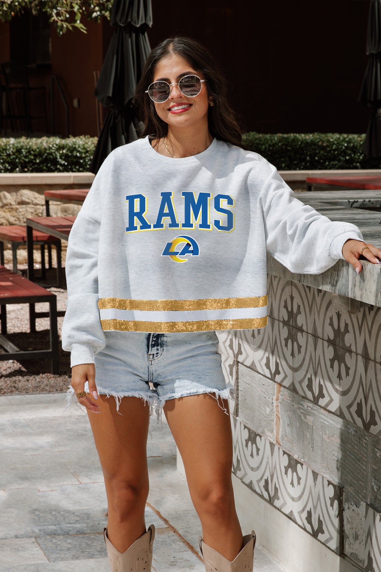 LOS ANGELES RAMS PASS THE SHINE LONG SLEEVE METALLIC SHIMMER-STRIPE TOP