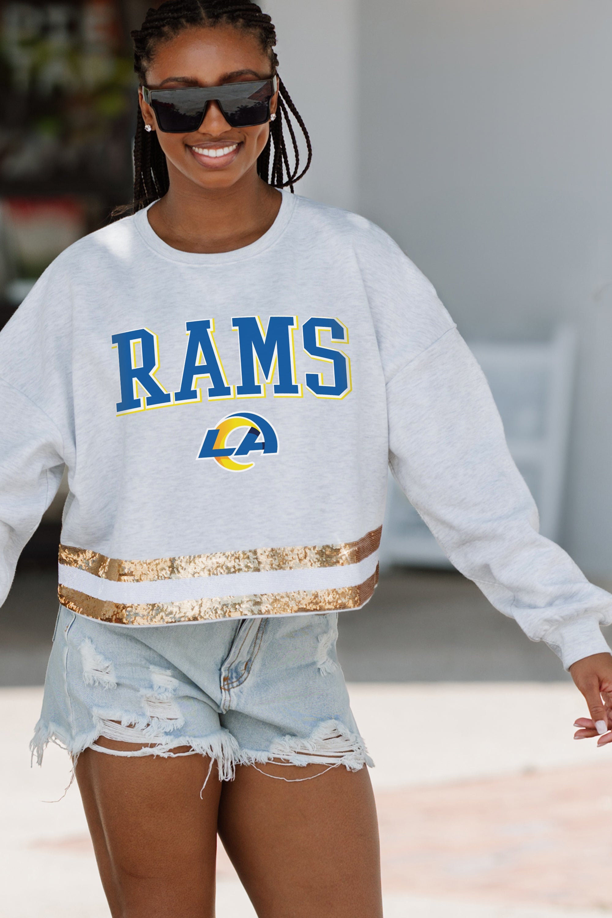 LOS ANGELES RAMS PASS THE SHINE LONG SLEEVE METALLIC SHIMMER-STRIPE TOP