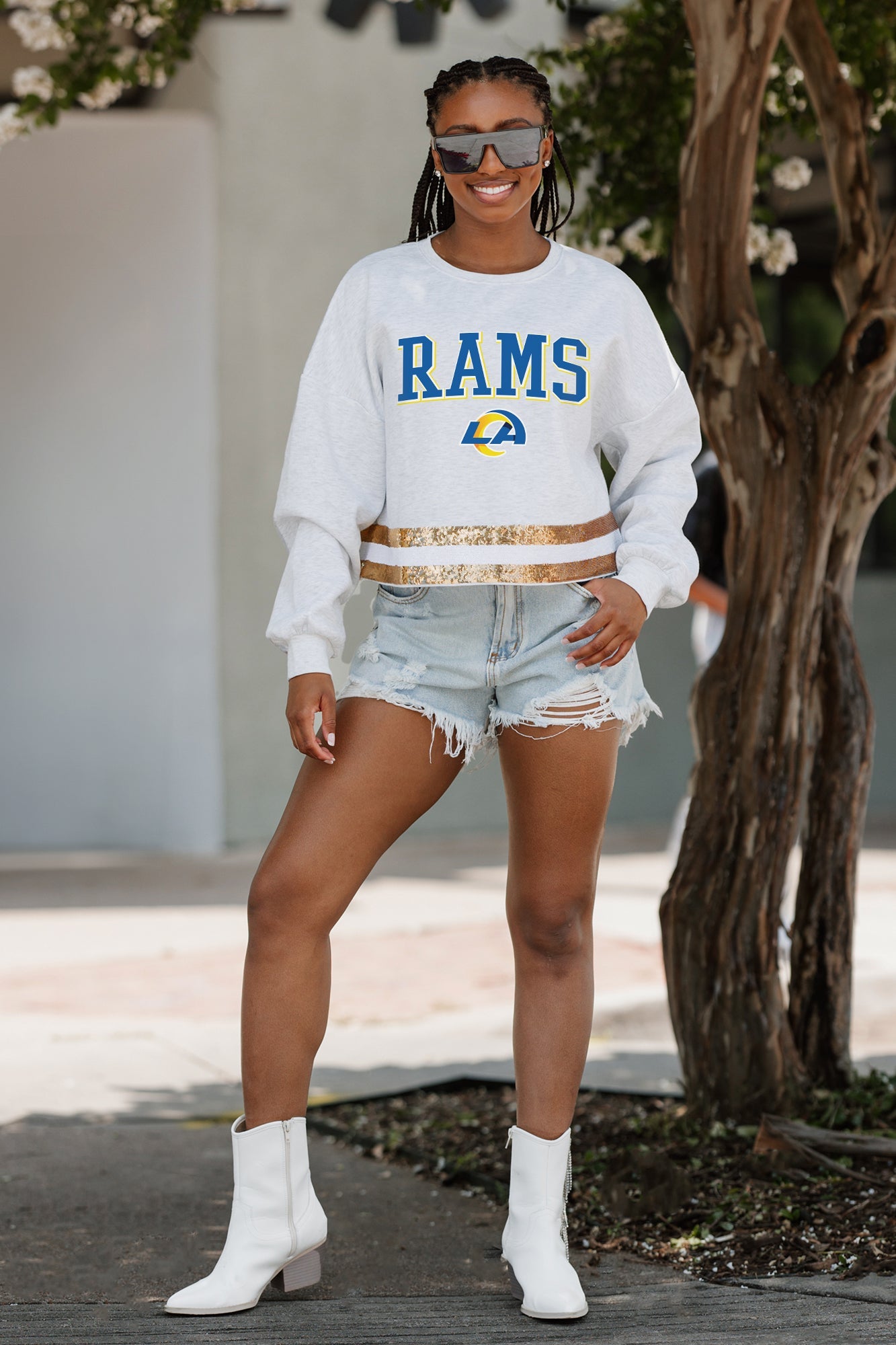 LOS ANGELES RAMS PASS THE SHINE LONG SLEEVE METALLIC SHIMMER-STRIPE TOP