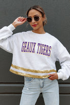 LSU TIGERS PASS THE SHINE LONG SLEEVE METALLIC SHIMMER-STRIPE TOP WITH RIBBED NECKLINE AND CUFFS