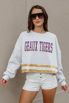 LSU TIGERS PASS THE SHINE LONG SLEEVE METALLIC SHIMMER-STRIPE TOP WITH RIBBED NECKLINE AND CUFFS