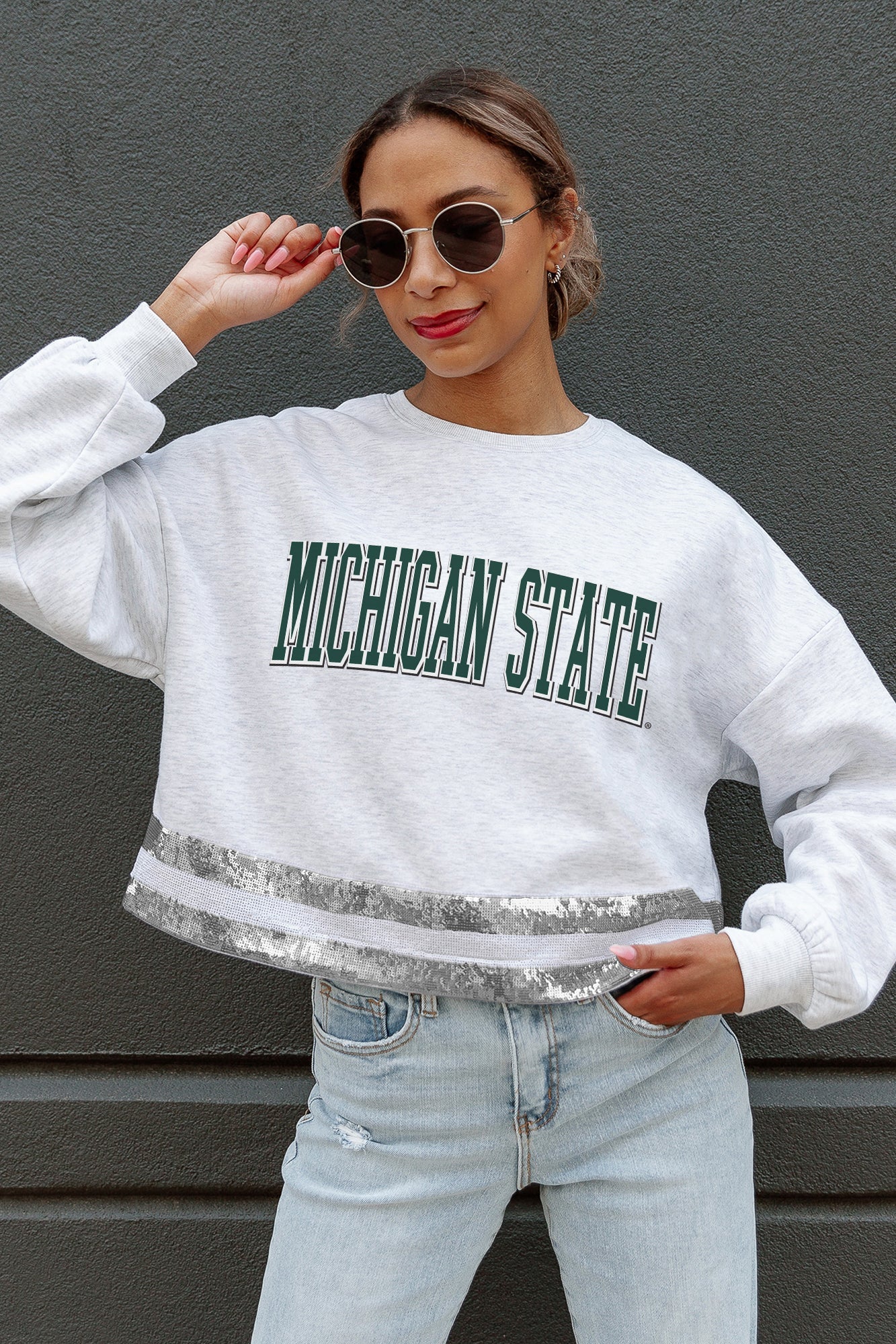 MICHIGAN STATE SPARTANS PASS THE SHINE LONG SLEEVE METALLIC SHIMMER-STRIPE TOP WITH RIBBED NECKLINE AND CUFFS