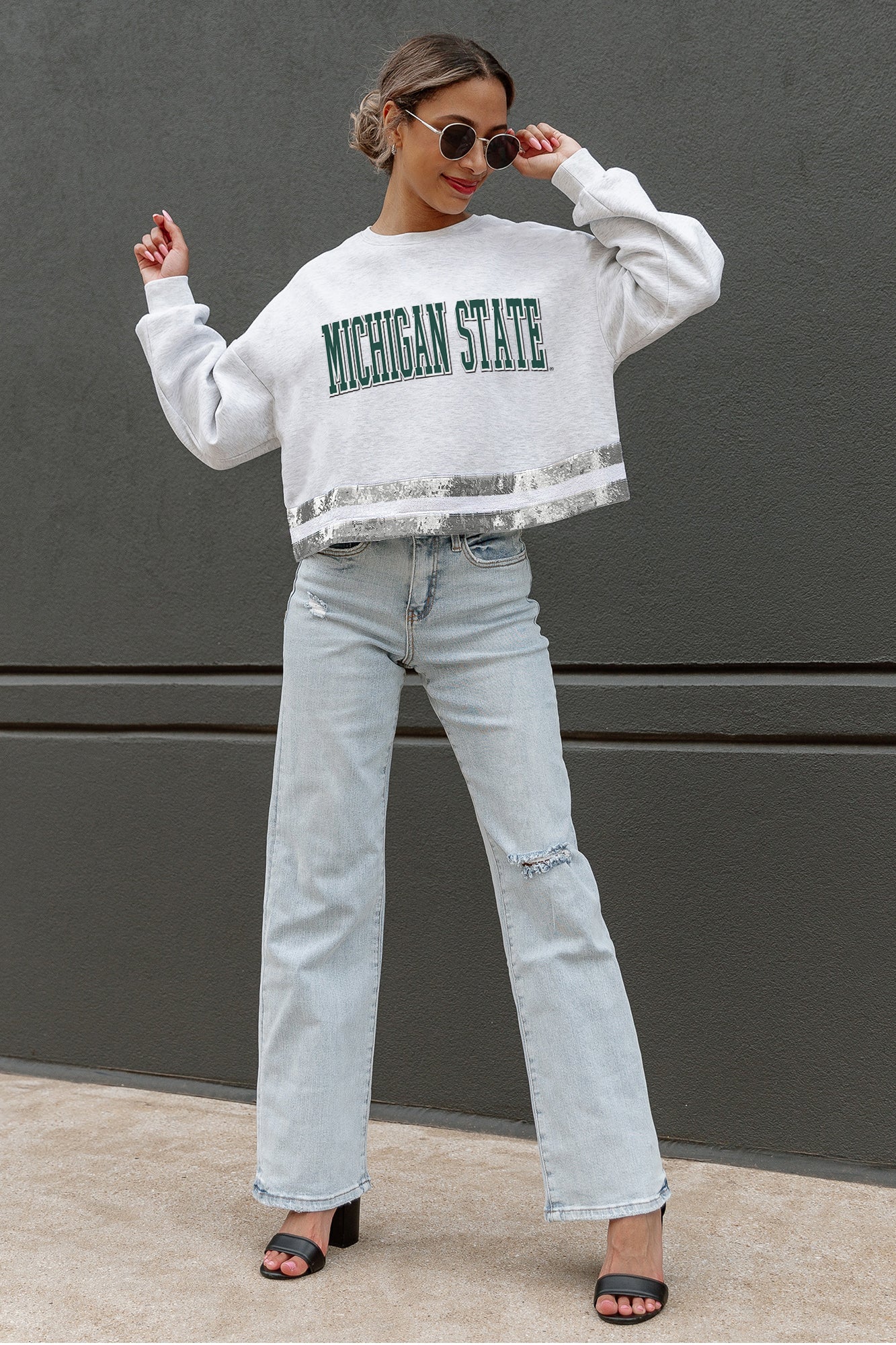 MICHIGAN STATE SPARTANS PASS THE SHINE LONG SLEEVE METALLIC SHIMMER-STRIPE TOP WITH RIBBED NECKLINE AND CUFFS