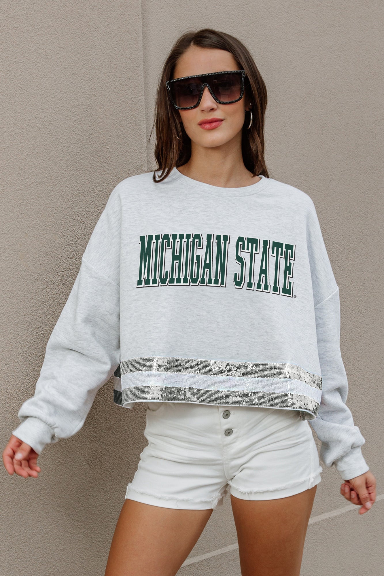 MICHIGAN STATE SPARTANS PASS THE SHINE LONG SLEEVE METALLIC SHIMMER-STRIPE TOP WITH RIBBED NECKLINE AND CUFFS