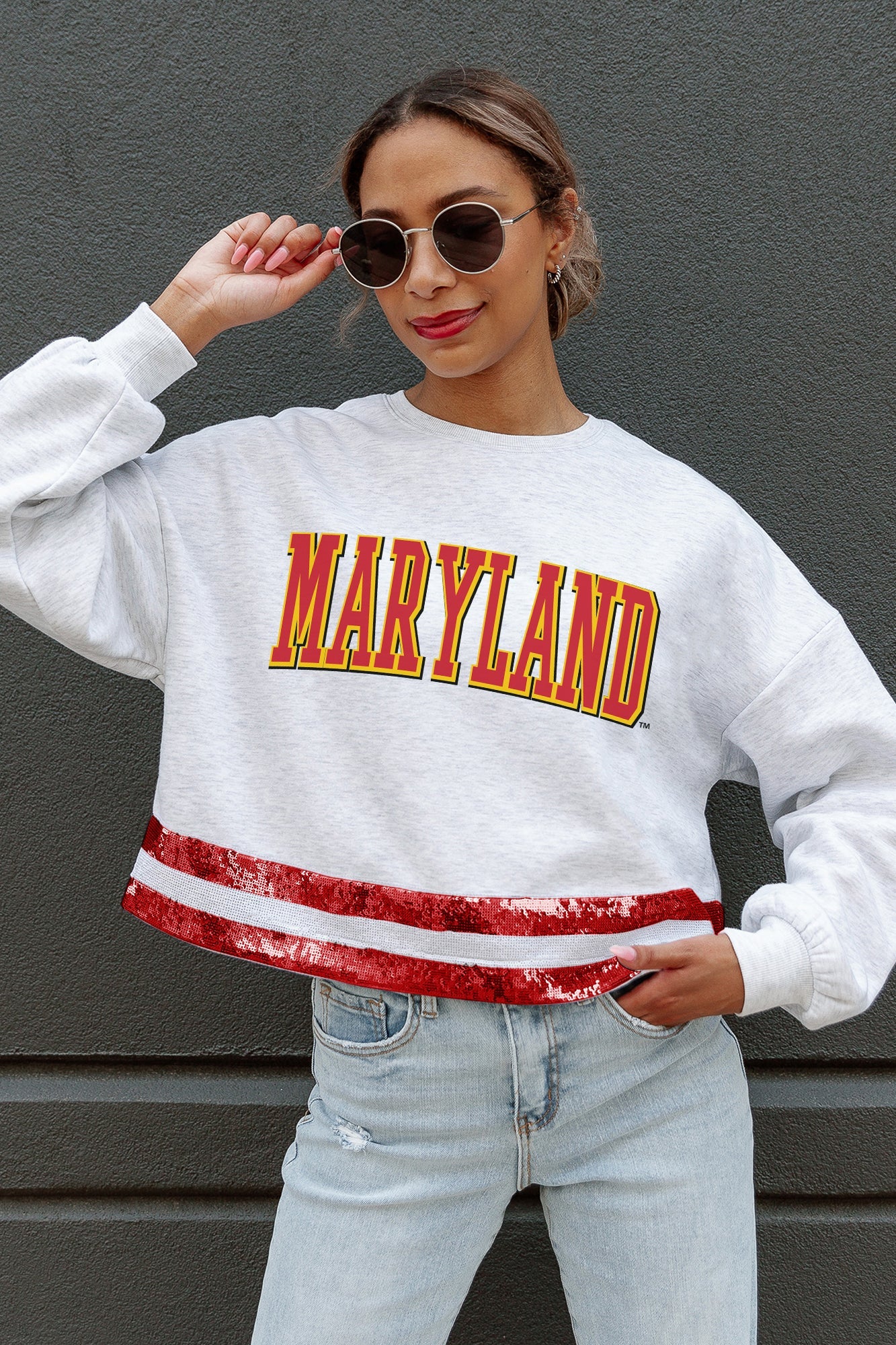 MARYLAND TERRAPINS PASS THE SHINE LONG SLEEVE METALLIC SHIMMER-STRIPE TOP WITH RIBBED NECKLINE AND CUFFS